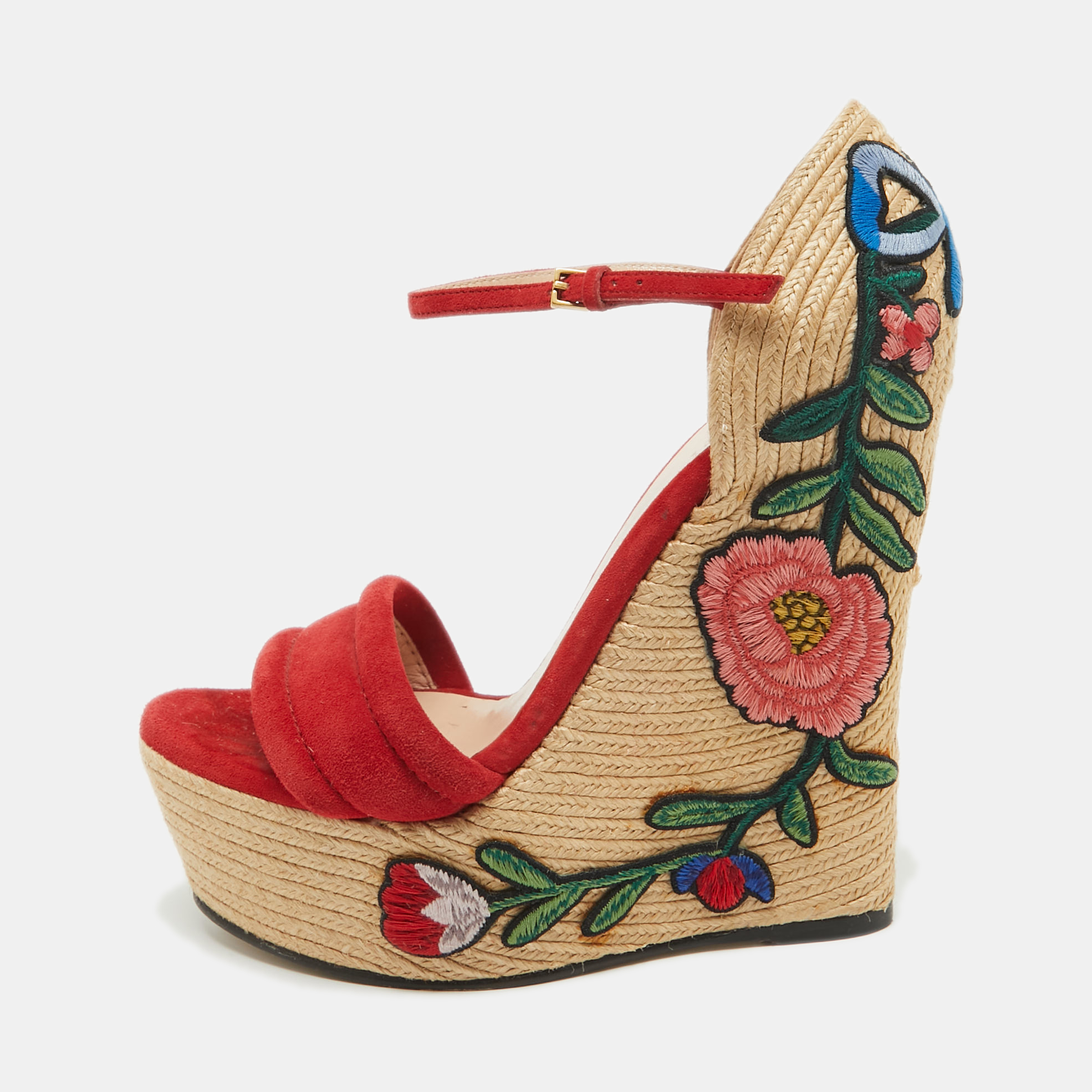 Pre-owned Gucci Red Suede Floral Embroidered Espadrille Wedge Ankle Strap Sandals Size 37.5