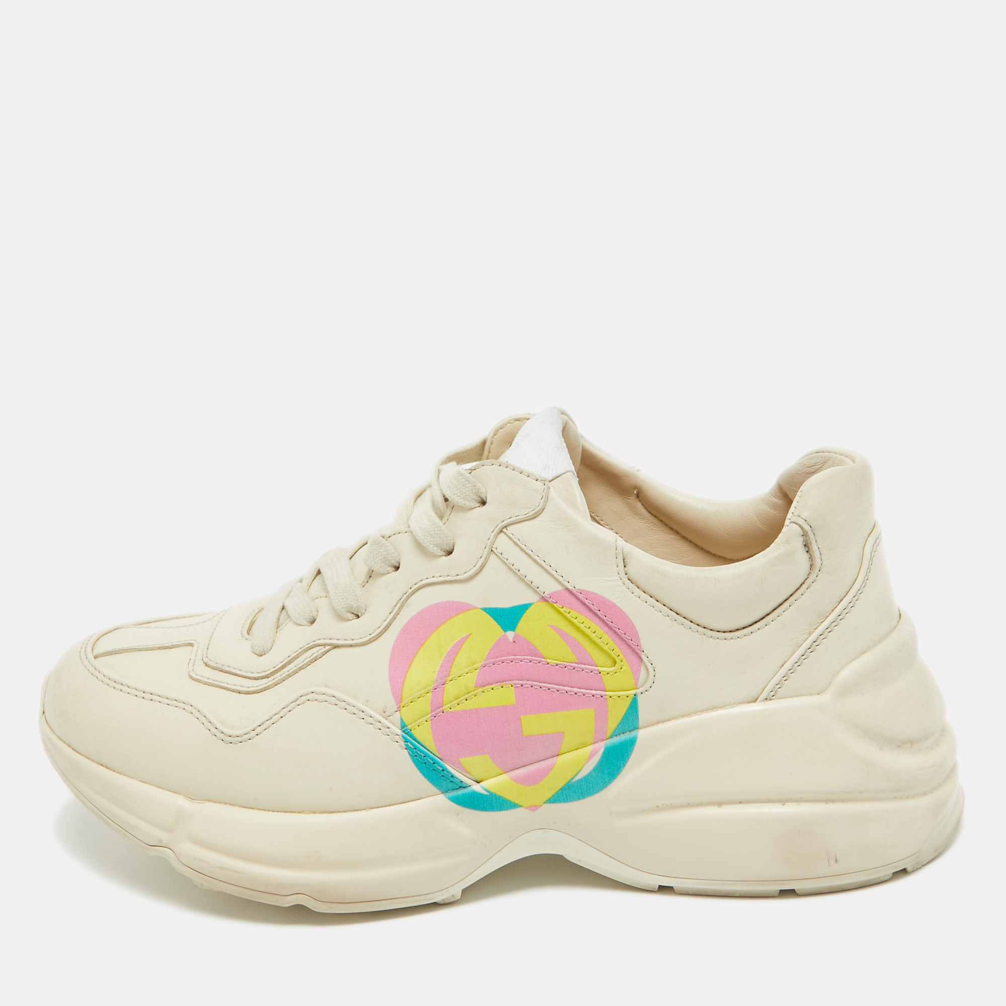 Pre-owned Gucci Cream Leather Gg Heart Rhyton Sneakers Size 38