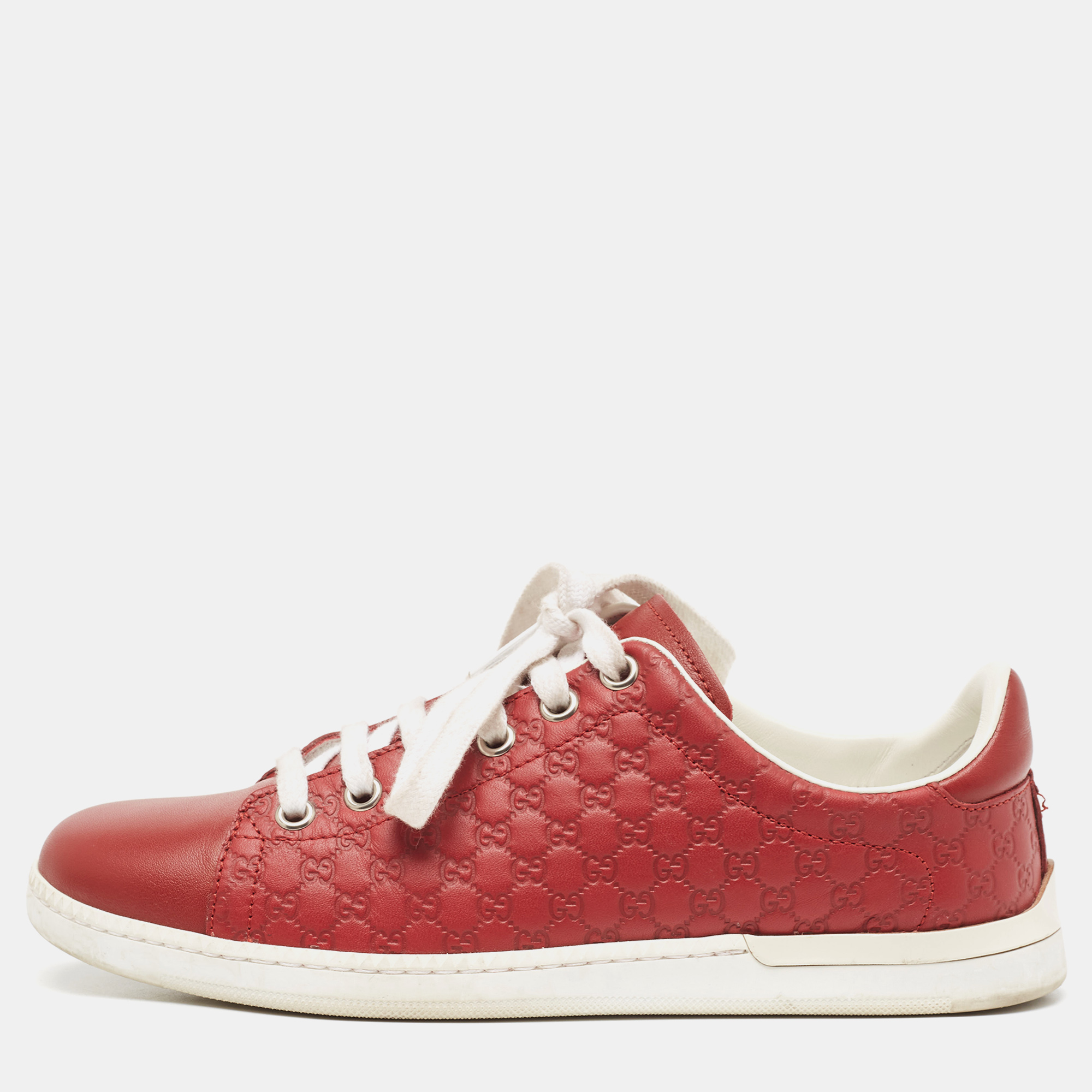 Pre-owned Gucci Red Microssima Leather Low Top Sneakers Size 35