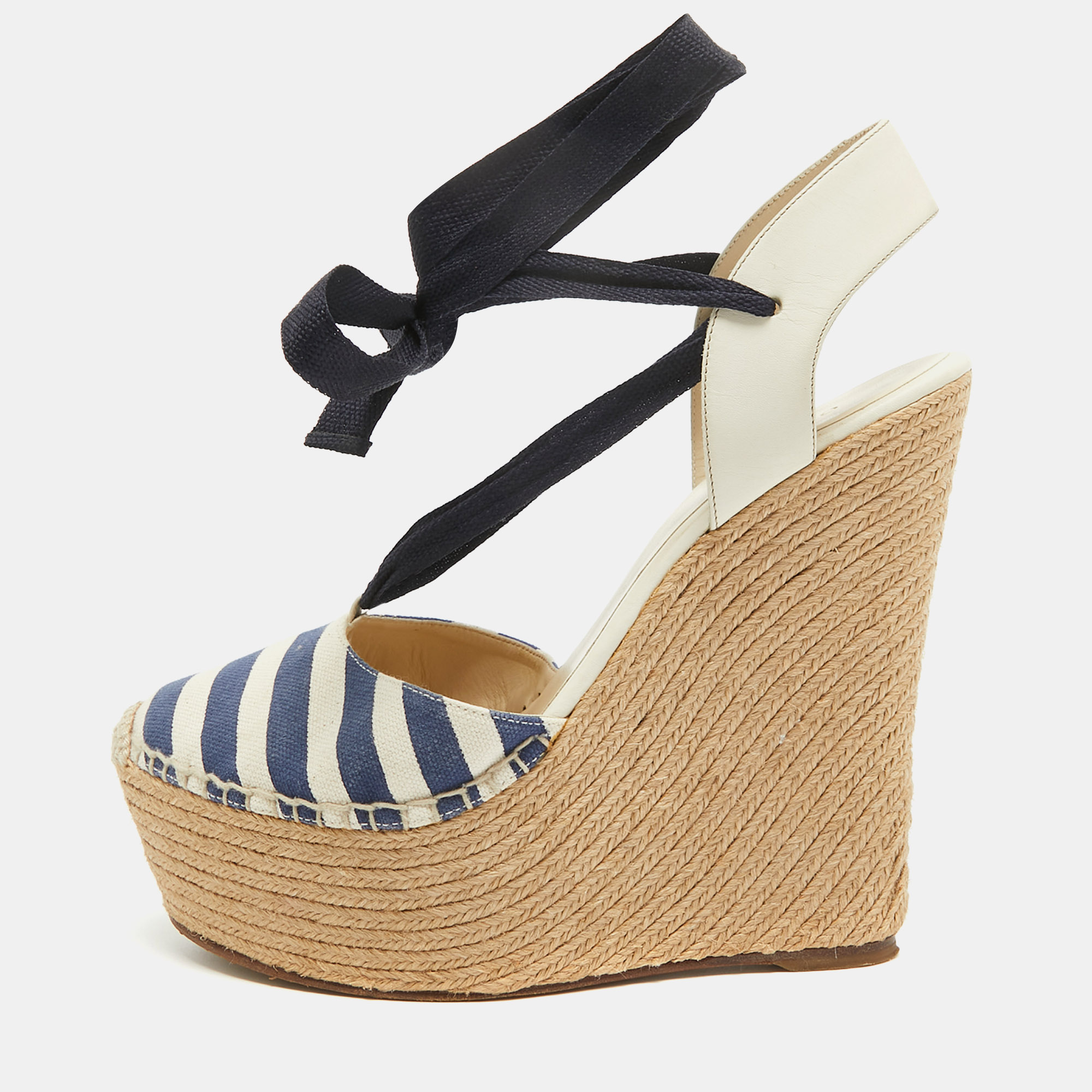 Pre-owned Gucci Two Tone Canvas And Leather Espadrille Wedge Ankle Tie Pumps Size 39 In Cream