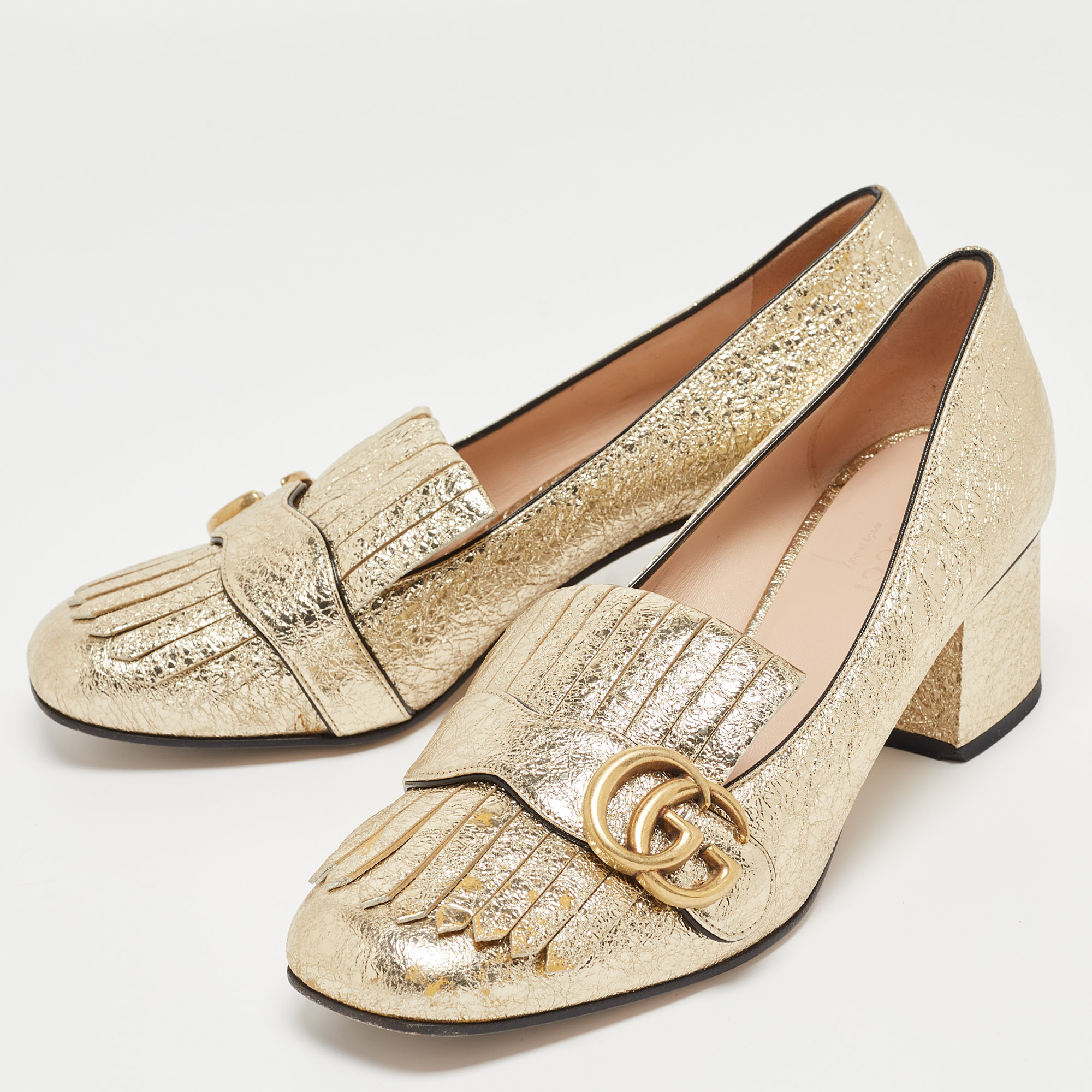 

Gucci Gold Laminated Leather GG Marmont Fringe Pumps Size