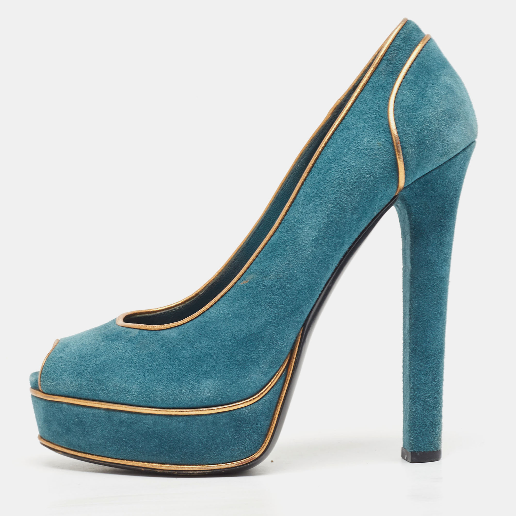 Pre-owned Gucci Teal/gold Suede Peep Toe Platform Pumps Size 38.5 In Green