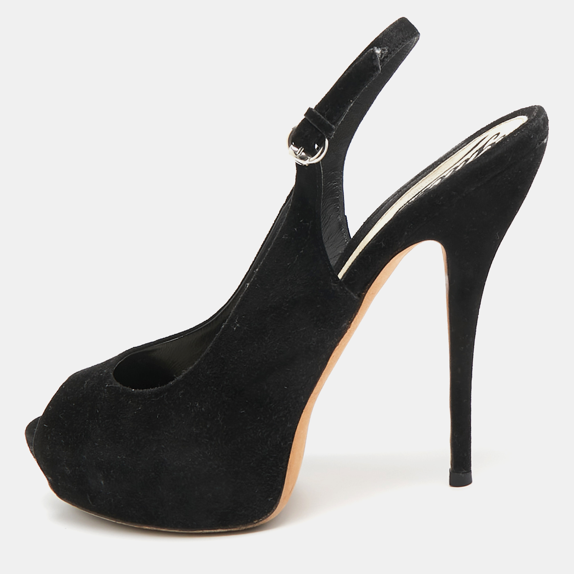 Pre-owned Gucci Black Suede Peep Toe Slingback Pumps Size 37.5
