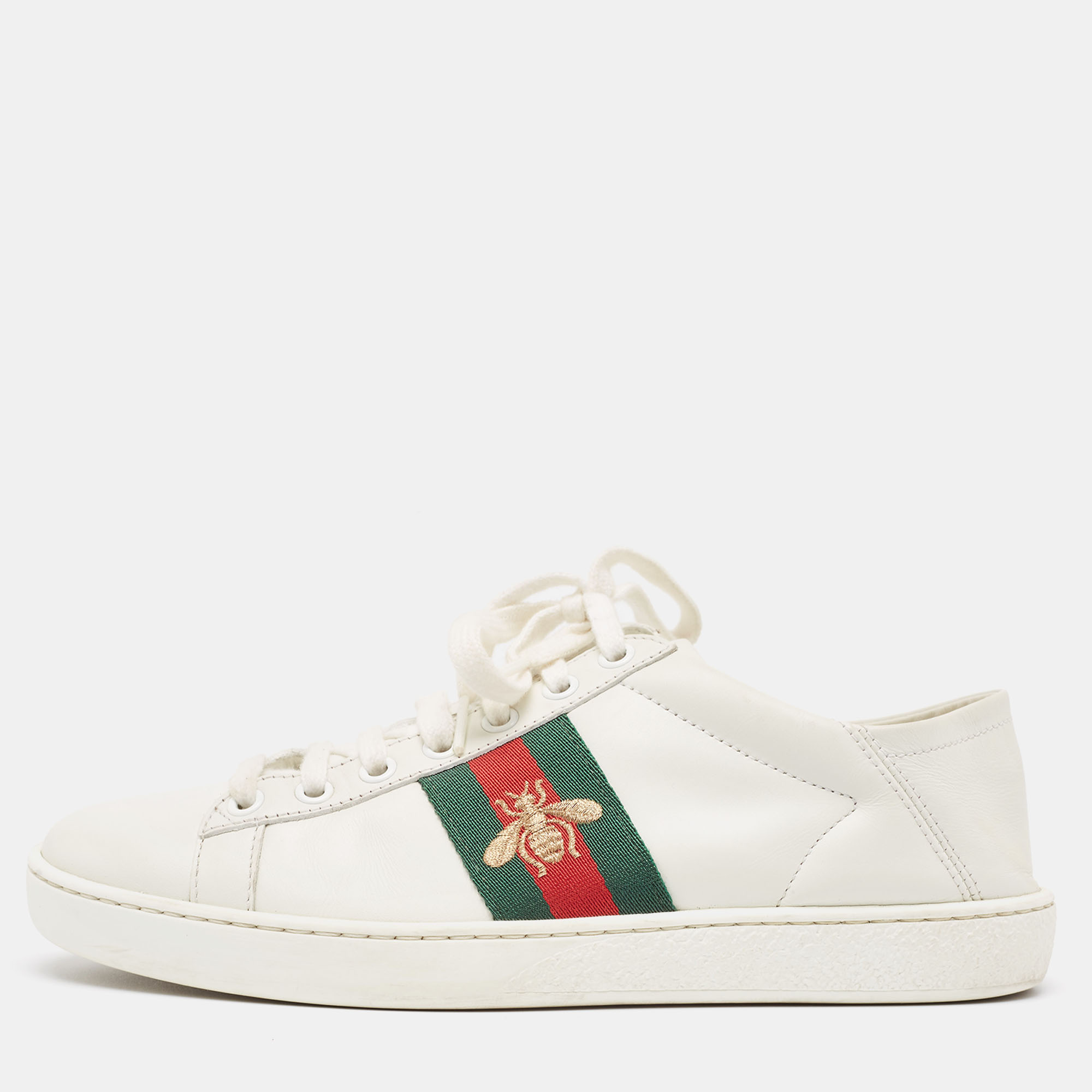 Pre-owned Gucci White Leather Web Ace Low Top Trainers Size 37