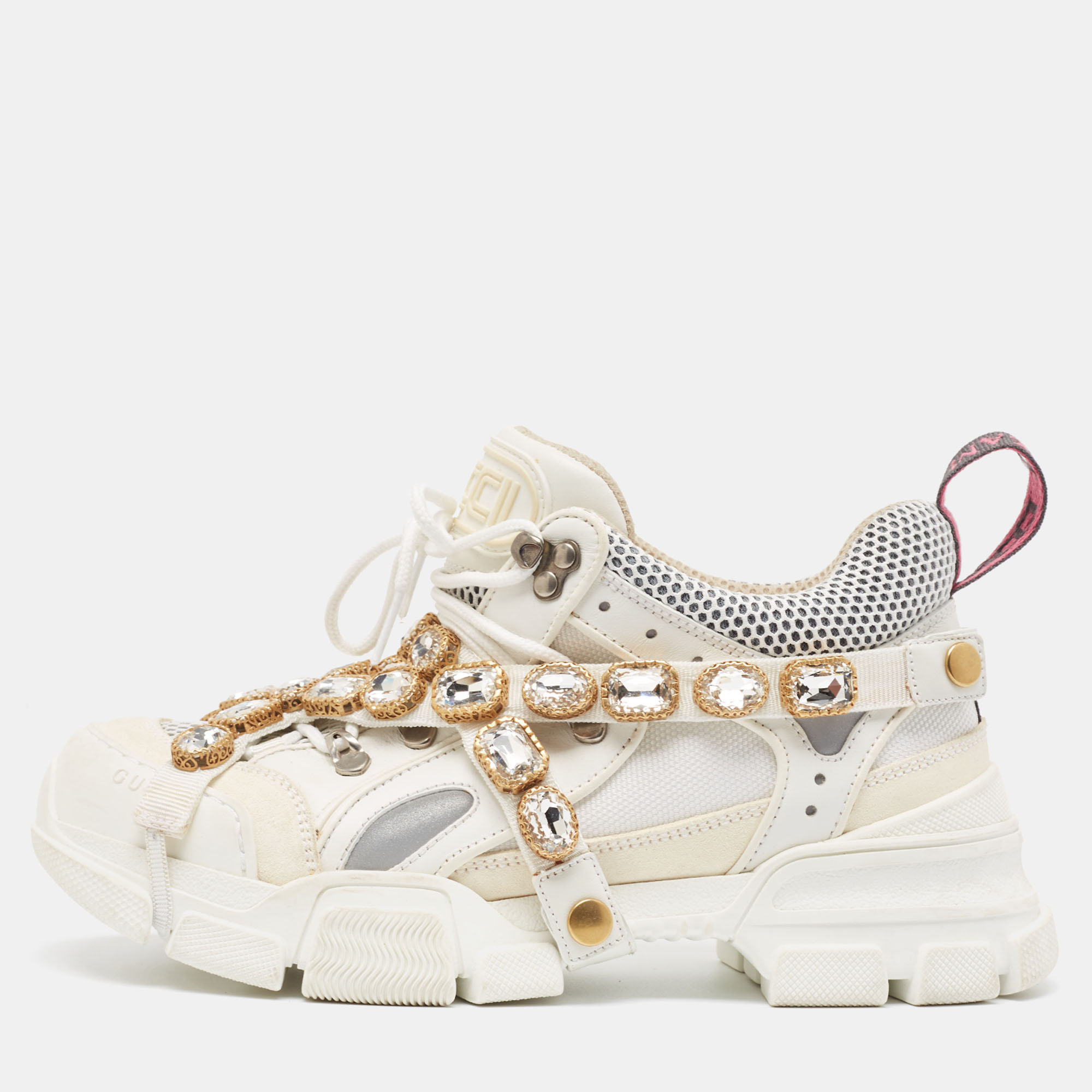 

Gucci White/Grey Leather and Mesh Crystal Embellished Flashtrek Sneakers Size