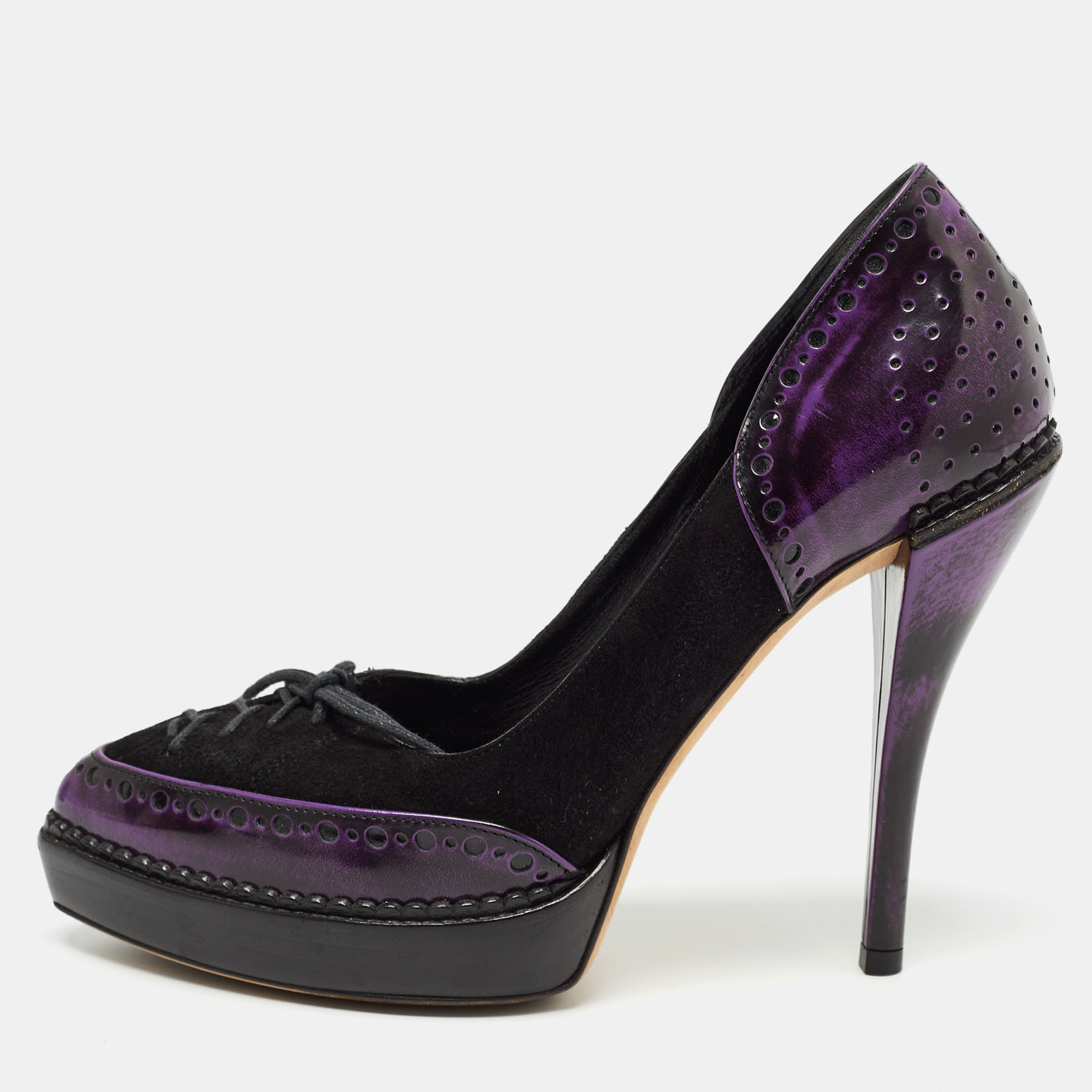 Pre-owned Gucci Black/purple Suede And Patent Leather Lace Up Platform Pumps Size 36.5