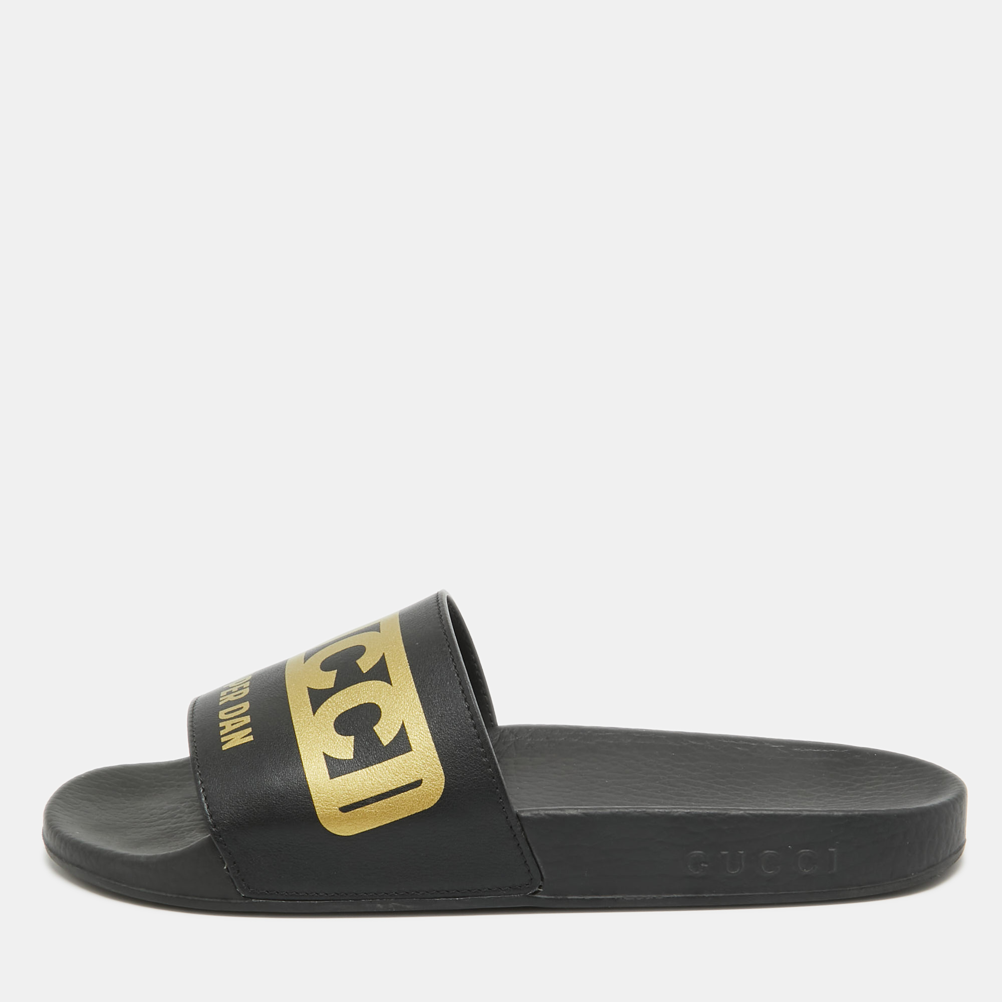 Pre-owned Gucci Black/gold Leather Dapper Dan Pool Slides Size 39