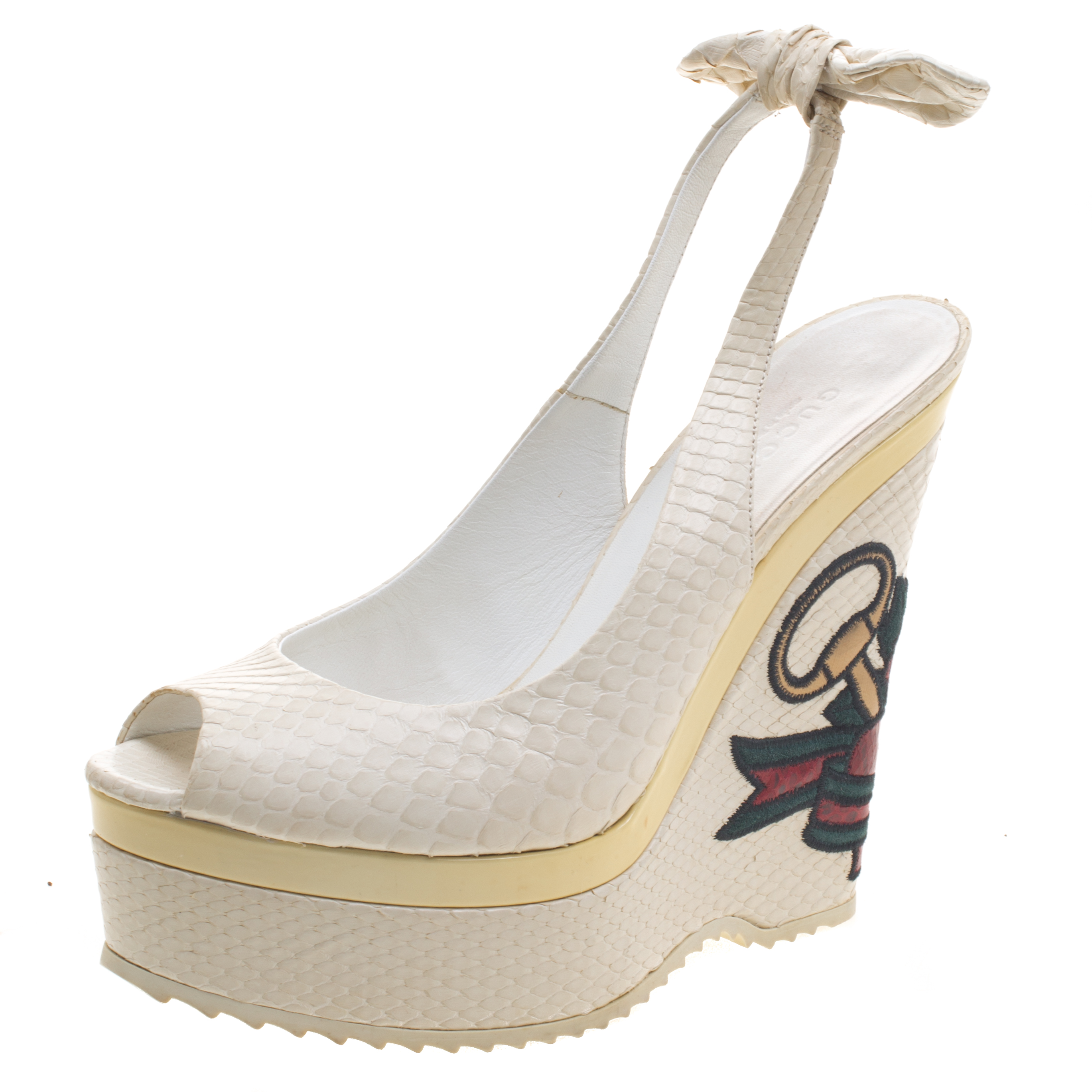 Gucci White Python Leather UNICEF Tattoo Collection Slingback Wedge Sandals Size 38.5