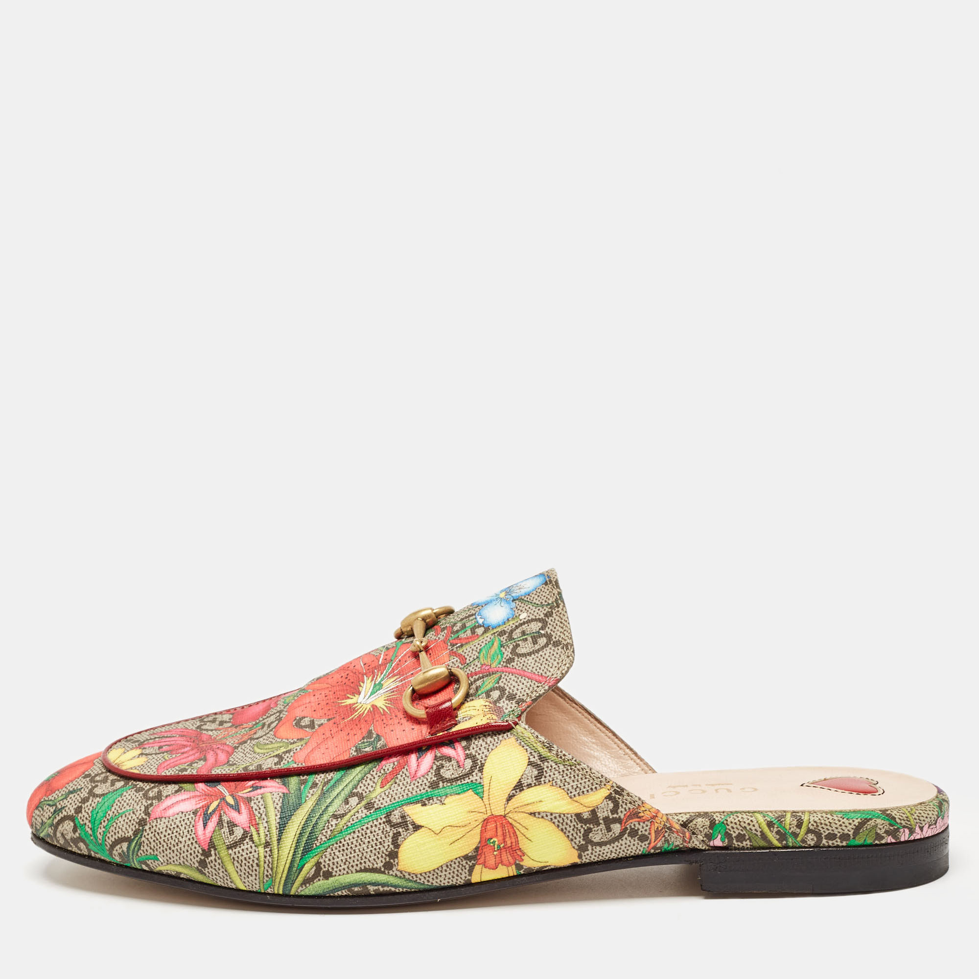 Gucci Multicolor GG Supreme Canvas Floral Princetown Mules Size 38