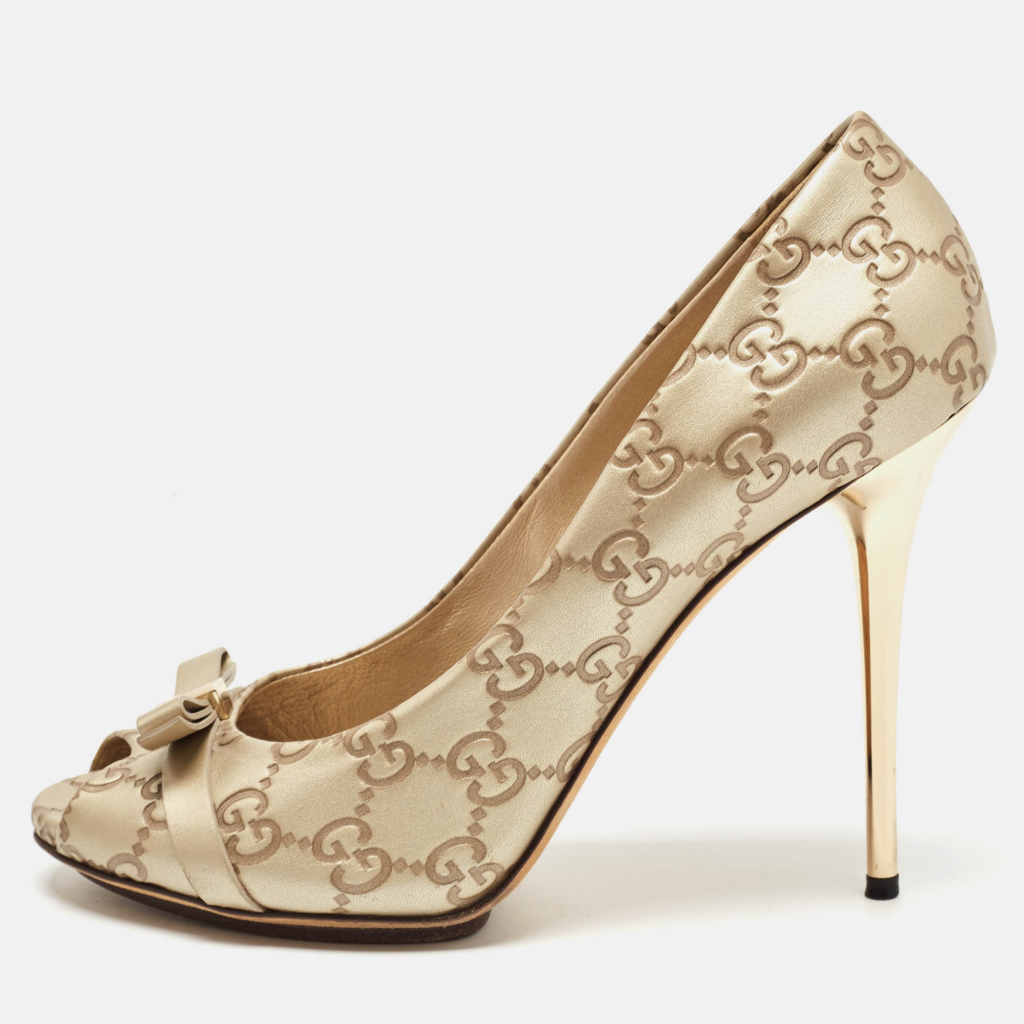 

Gucci Gold Guccissima Leather Bow Detail Peep Toe Pumps Size