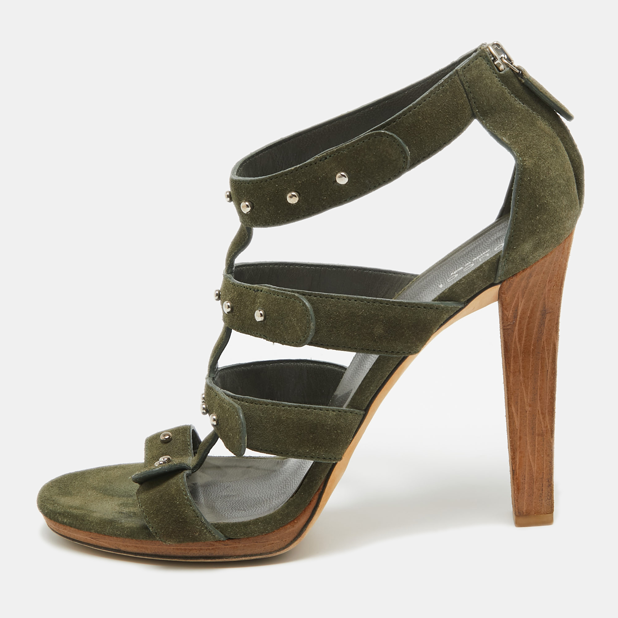 Pre-owned Gucci Green Suede Gladiator Ankle Sandals Size 40.5