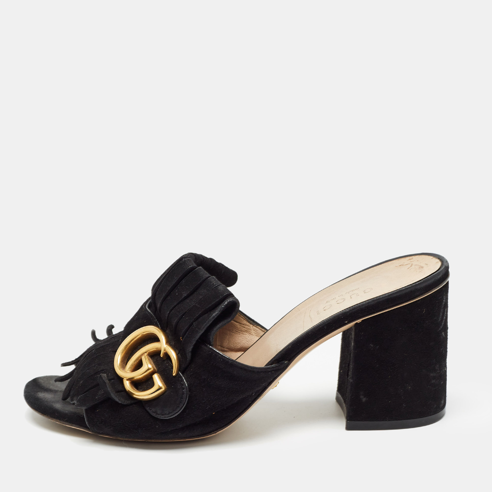 

Gucci Black Suede GG Marmont Fringe Mules Size