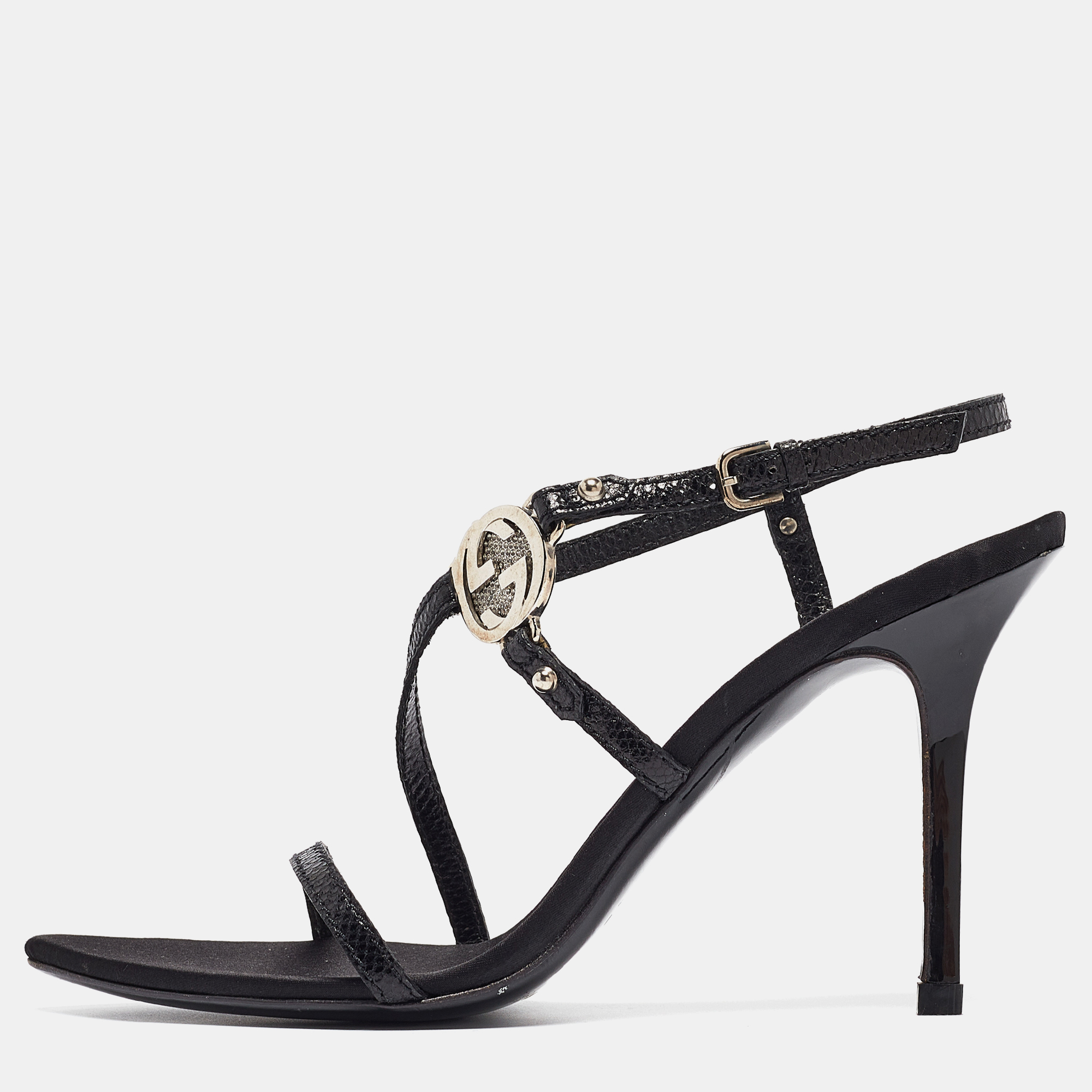 

Gucci Black Lizard Embossed Leather Slingback Sandals Size