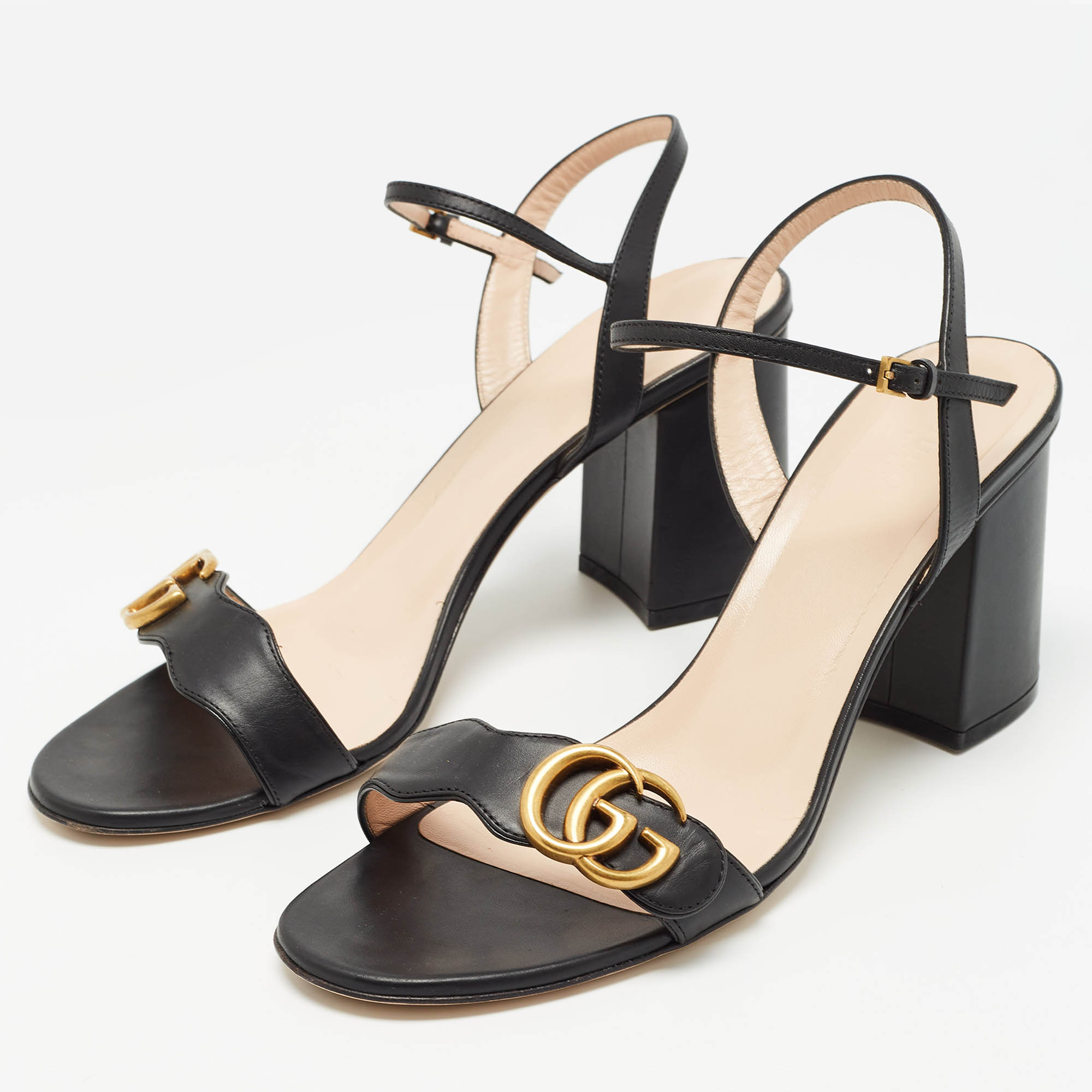 

Gucci Black Leather GG Marmont Block Heel Ankle Strap Sandals Size