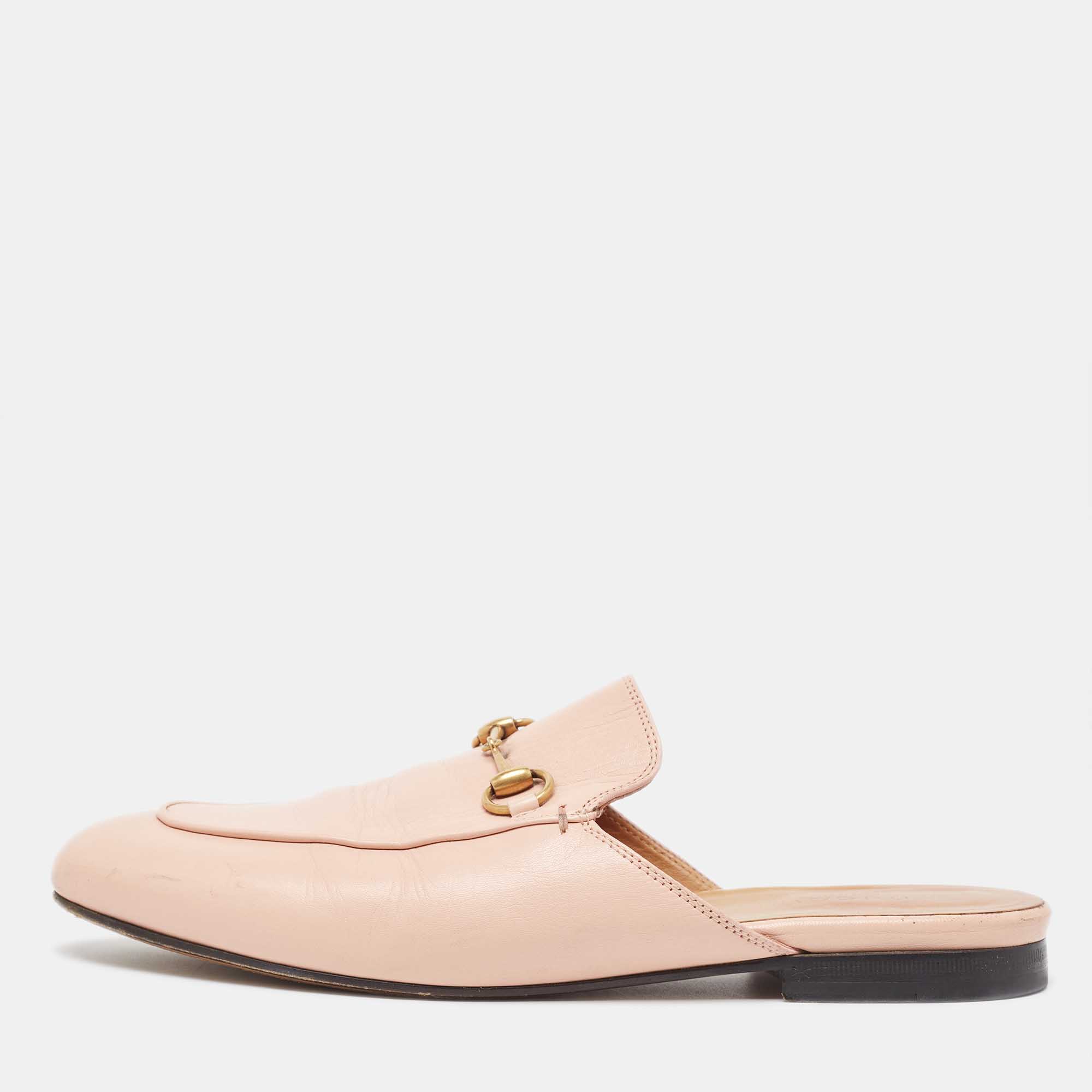 

Gucci Pink Leather Princetown Flat Mules Size