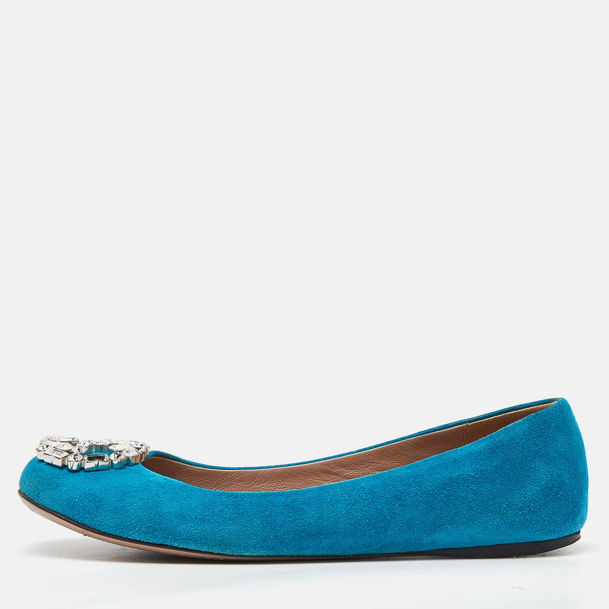 Pre-owned Gucci Blue Suede Interlocking G Crystals Ballet Flats Size 36