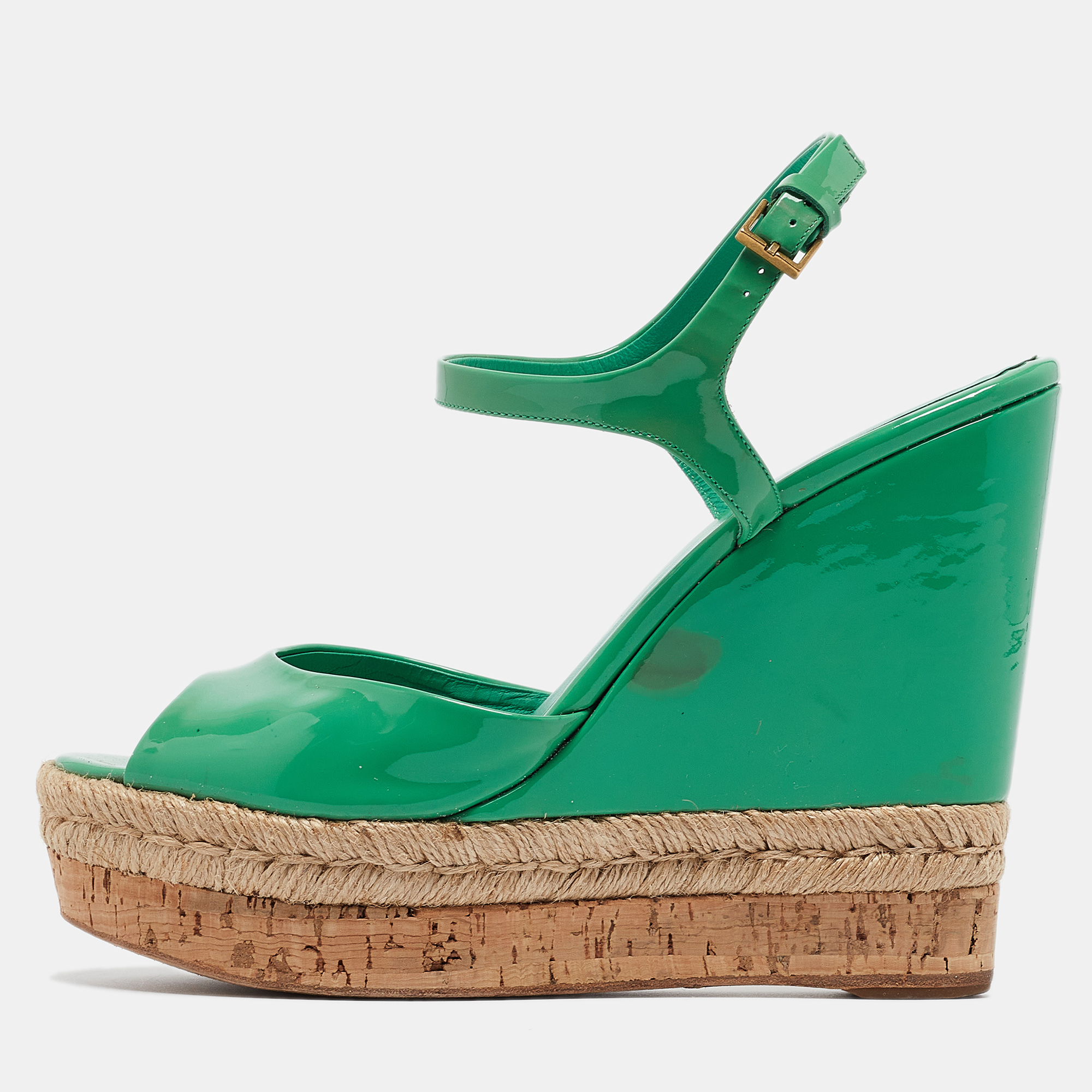 Pre-owned Gucci Green Patent Microssima Hollie Wedge Sandals Size 39.5