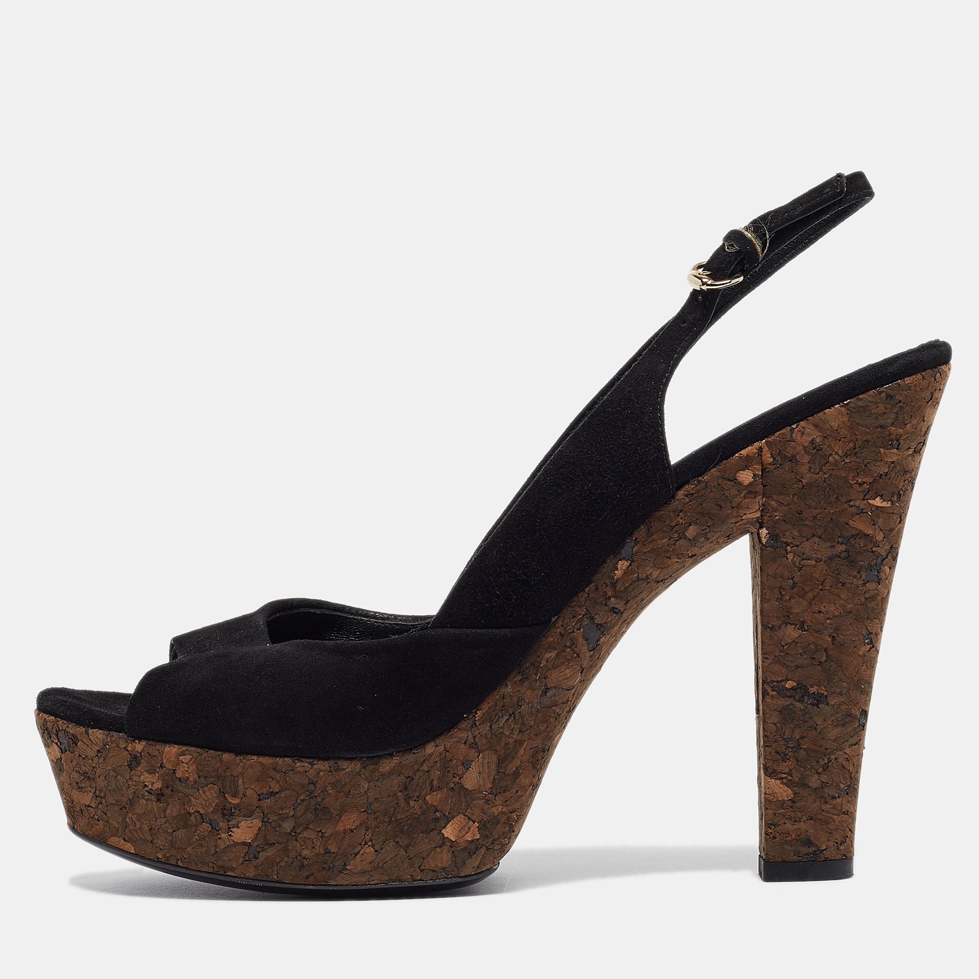 Pre-owned Gucci Black Suede Grease Cork Platform Peep Toe Slingback Sandals Size 39.5