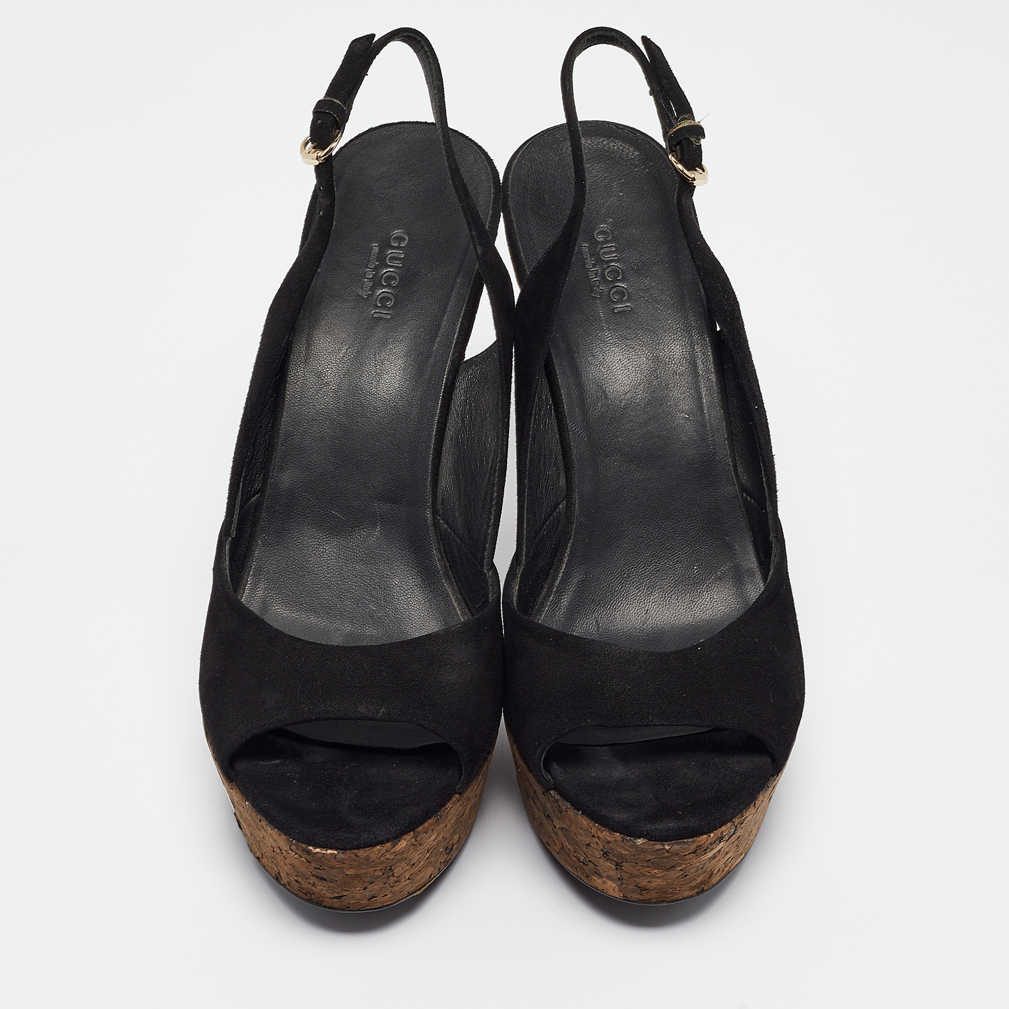 Gucci Black Suede Grease Cork Platform Peep Toe Slingback Sandals Size 39.5 