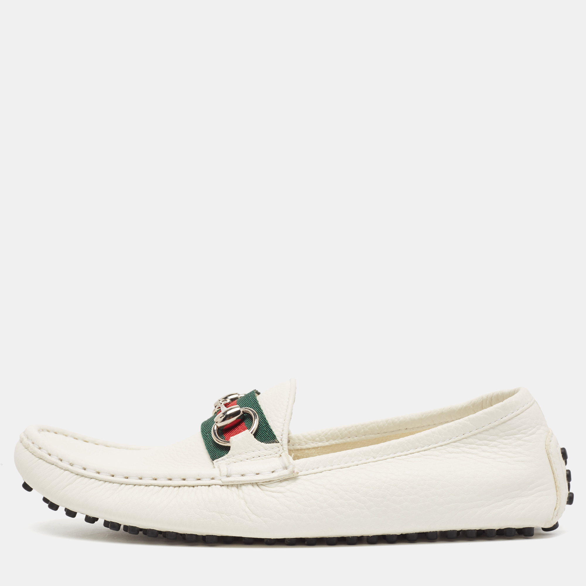 

Gucci White Leather Horsebit Web Detail Loafers Size