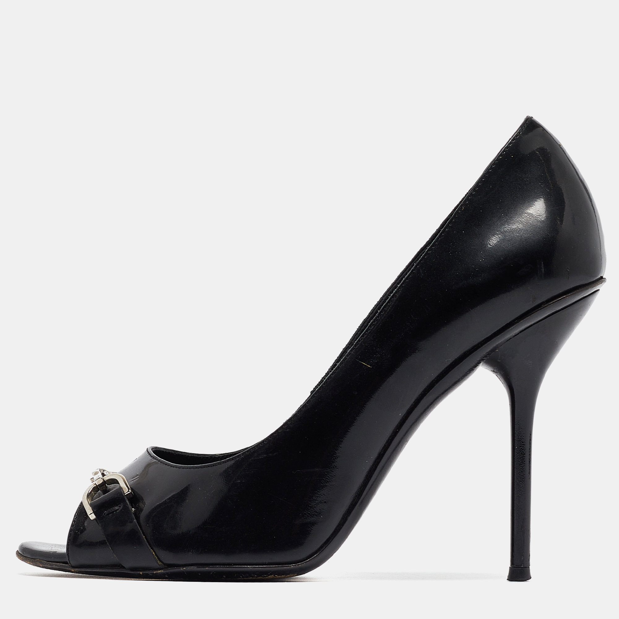 Pre-owned Gucci Black Patent Peep Toe Pumps Size 38
