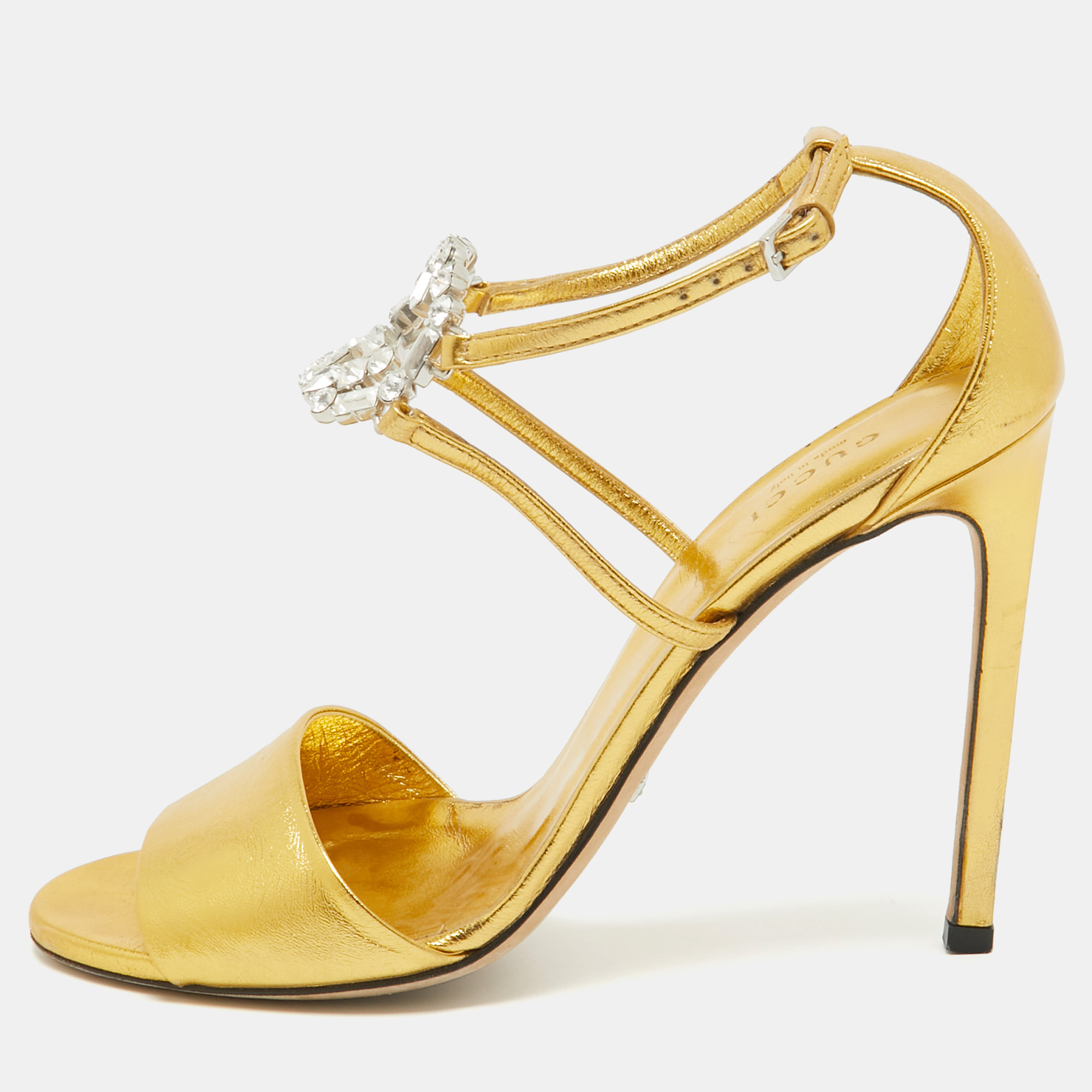 

Gucci Gold Leather Interlocking G Crystal Embellished Ankle Sandals Size