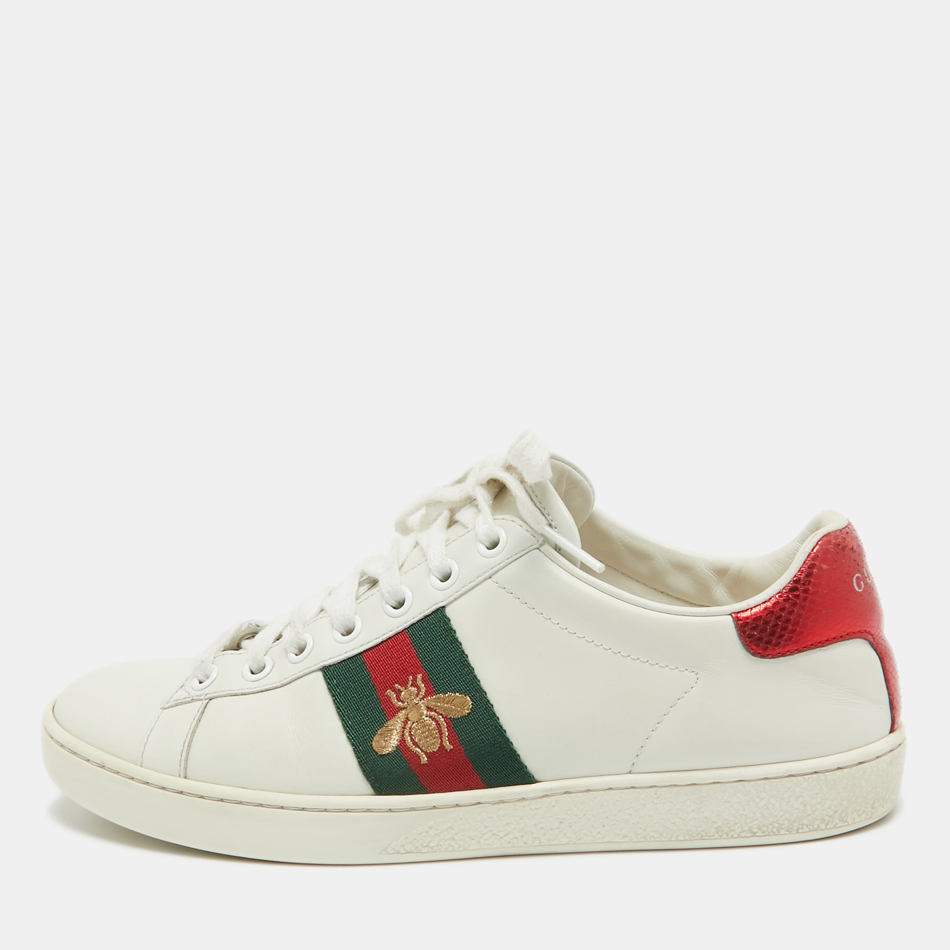 

Gucci White Leather and Sneak Embossed Ace Web Sneakers Size