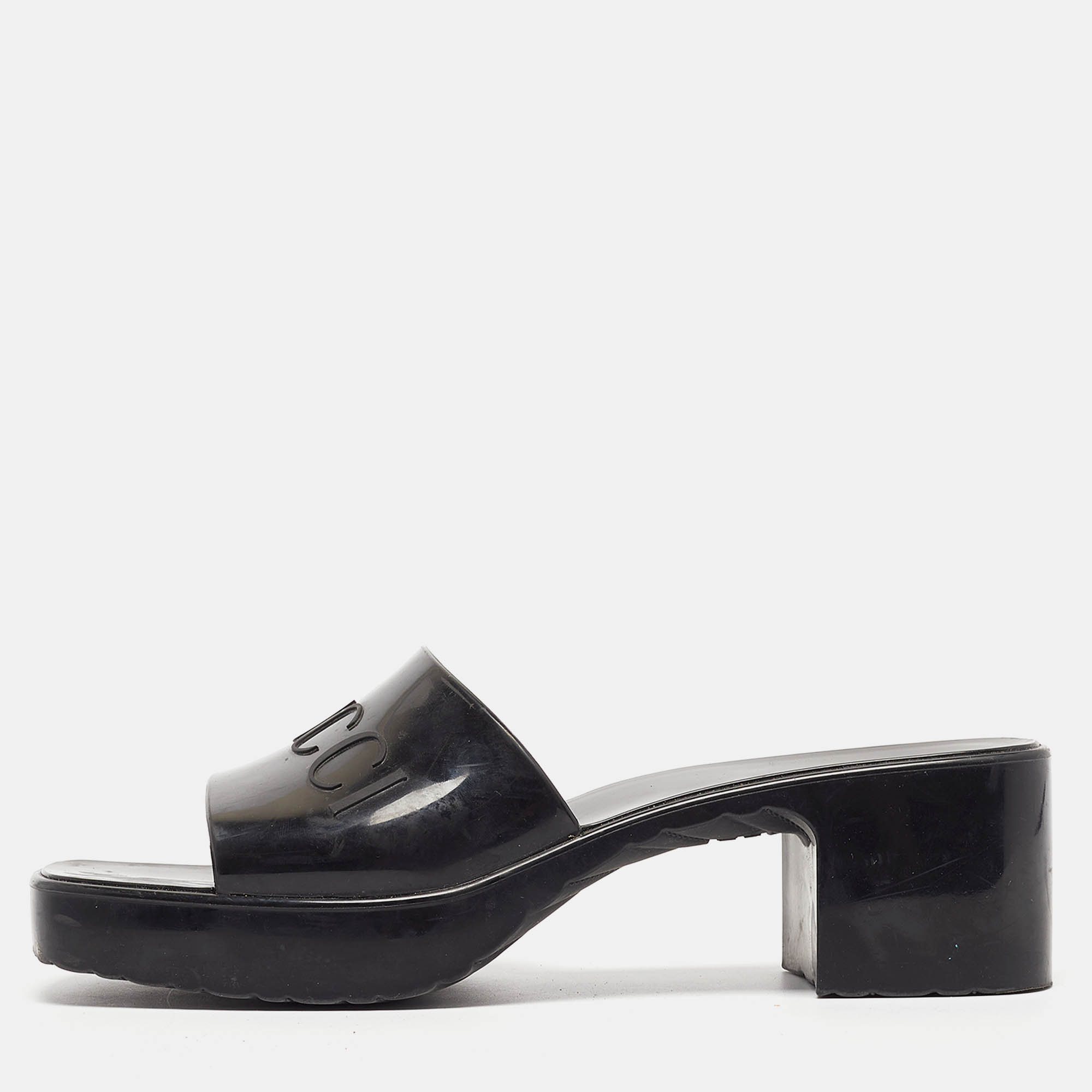 Gucci Black Rubber Logo Slide Sandals Size 37