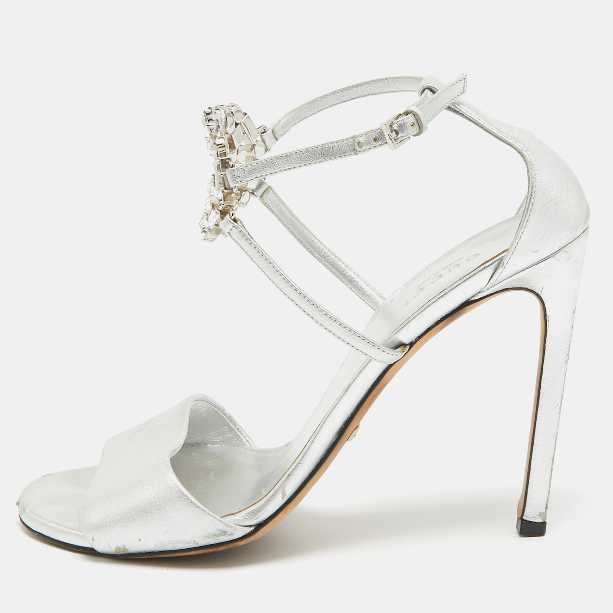 

Gucci Silver Leather Crystal Embellished GG Logo Ankle Strap Sandals Size