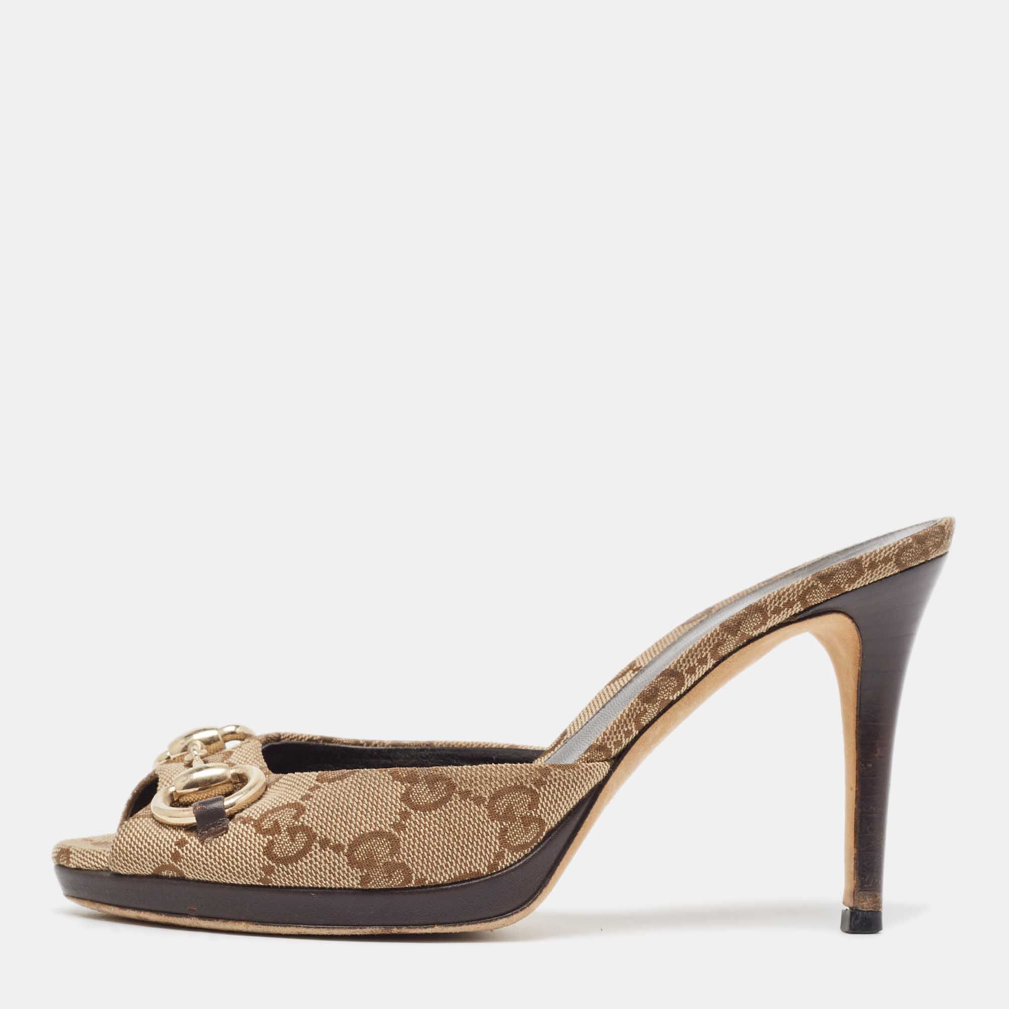 Gucci Beige/Brown Canvas GG Slide Sandals Size 35.5