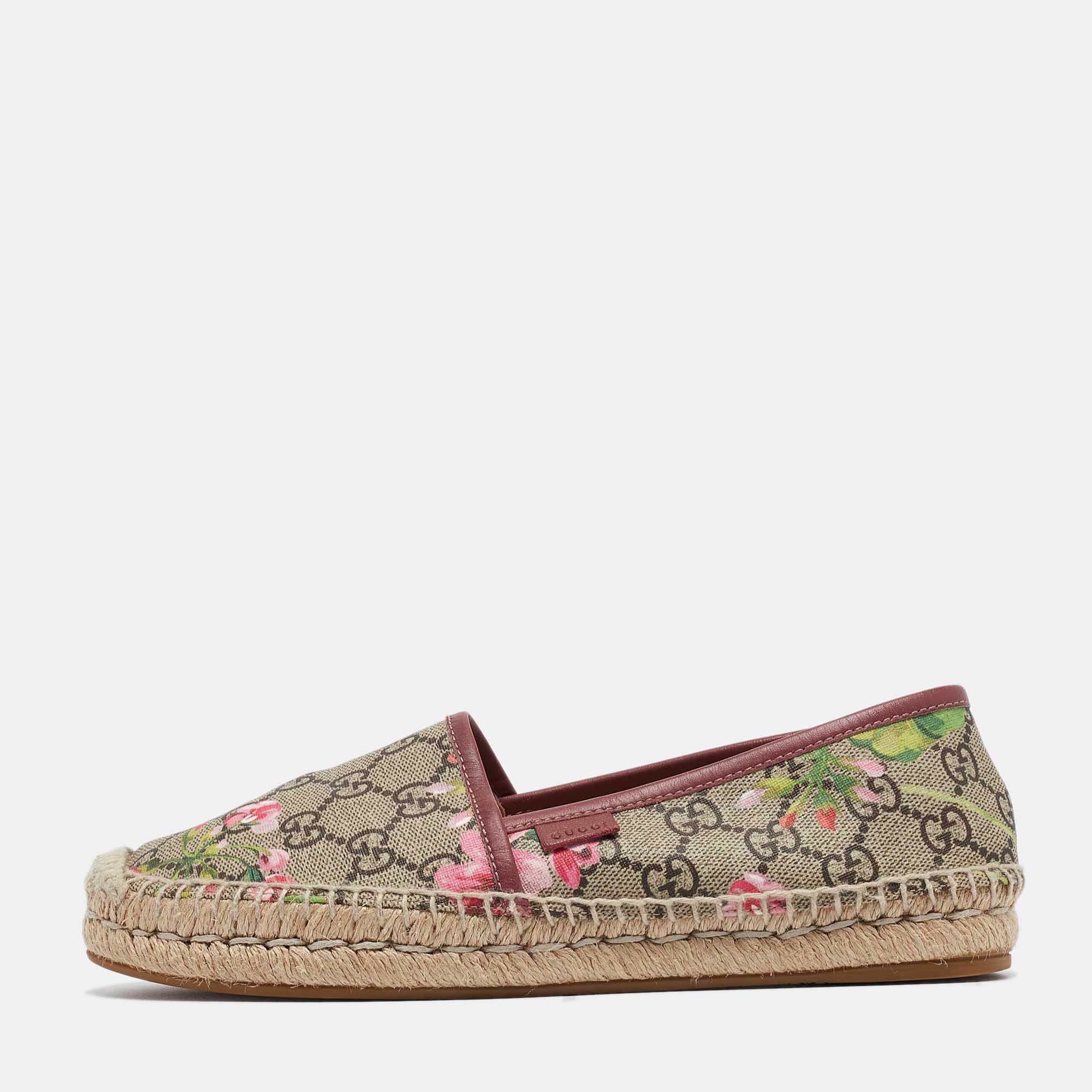 Pre-owned Gucci Beige/brown Gg Blooms Print Supreme Canvas Espadrille Flats Size 37