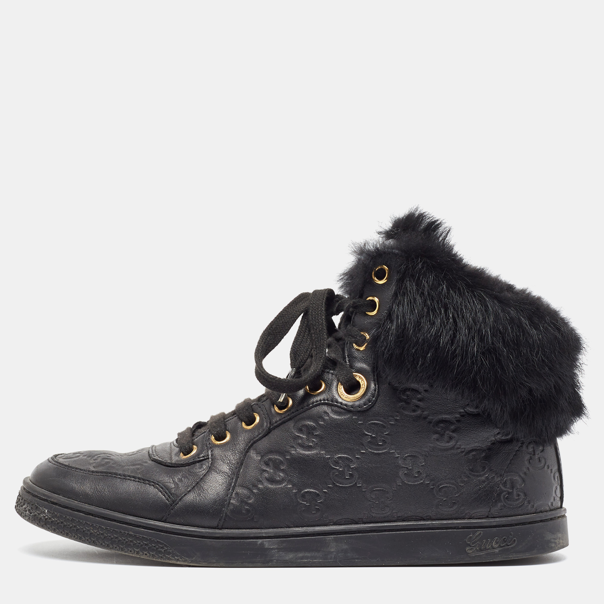 

Gucci Black Guccissima Leather and Fur Trim Cada High Top Sneakers Size