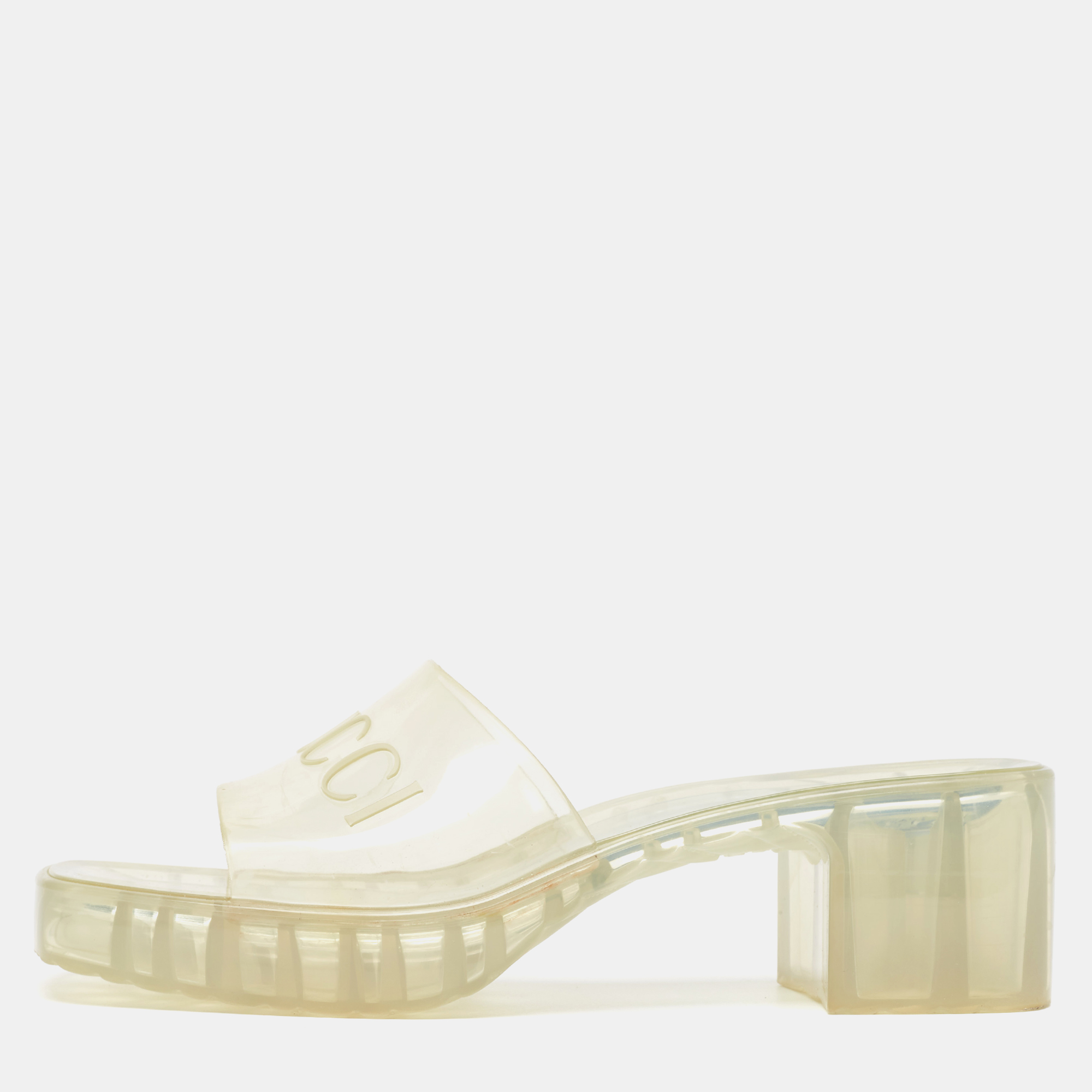 

Gucci Transparent PVC Logo Block Heel Slide Sandals Size