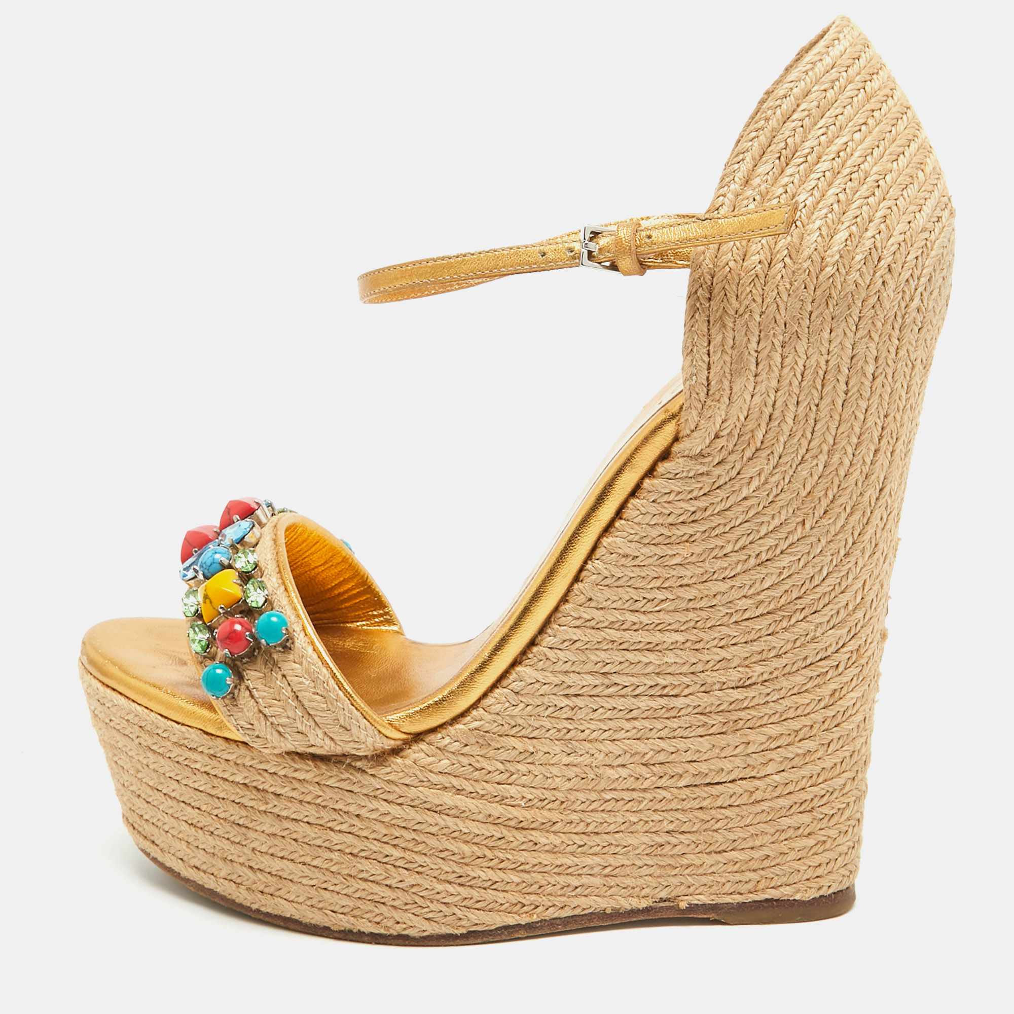 

Gucci Gold/Beige Jute And Leather Carolina Wedge Sandals Size