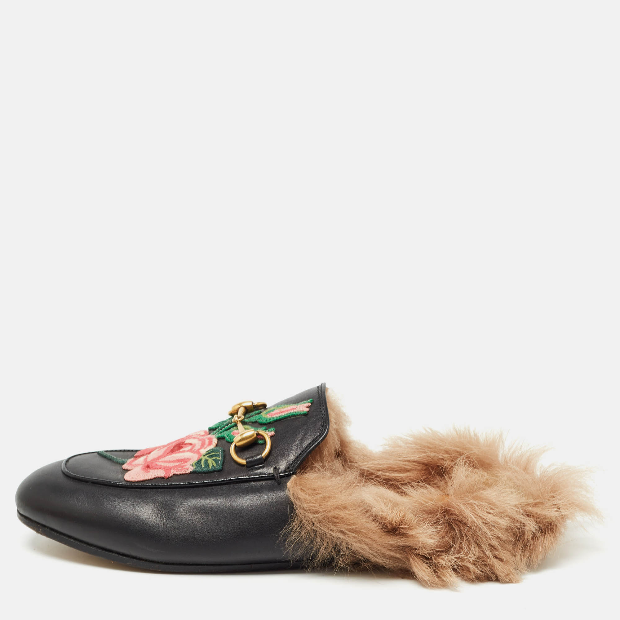 

Gucci Black Leather and Fur Princetown Embroidered Flat Mules Size