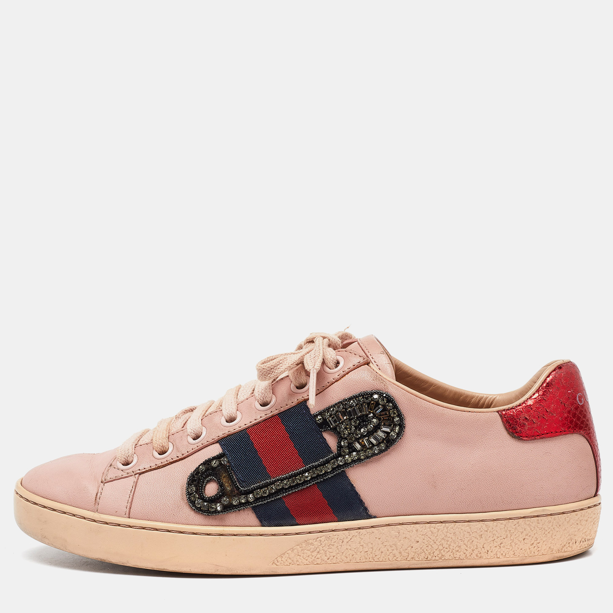 

Gucci Pink Leather Ace Web Crystal Embellished Low Top Sneakers Size