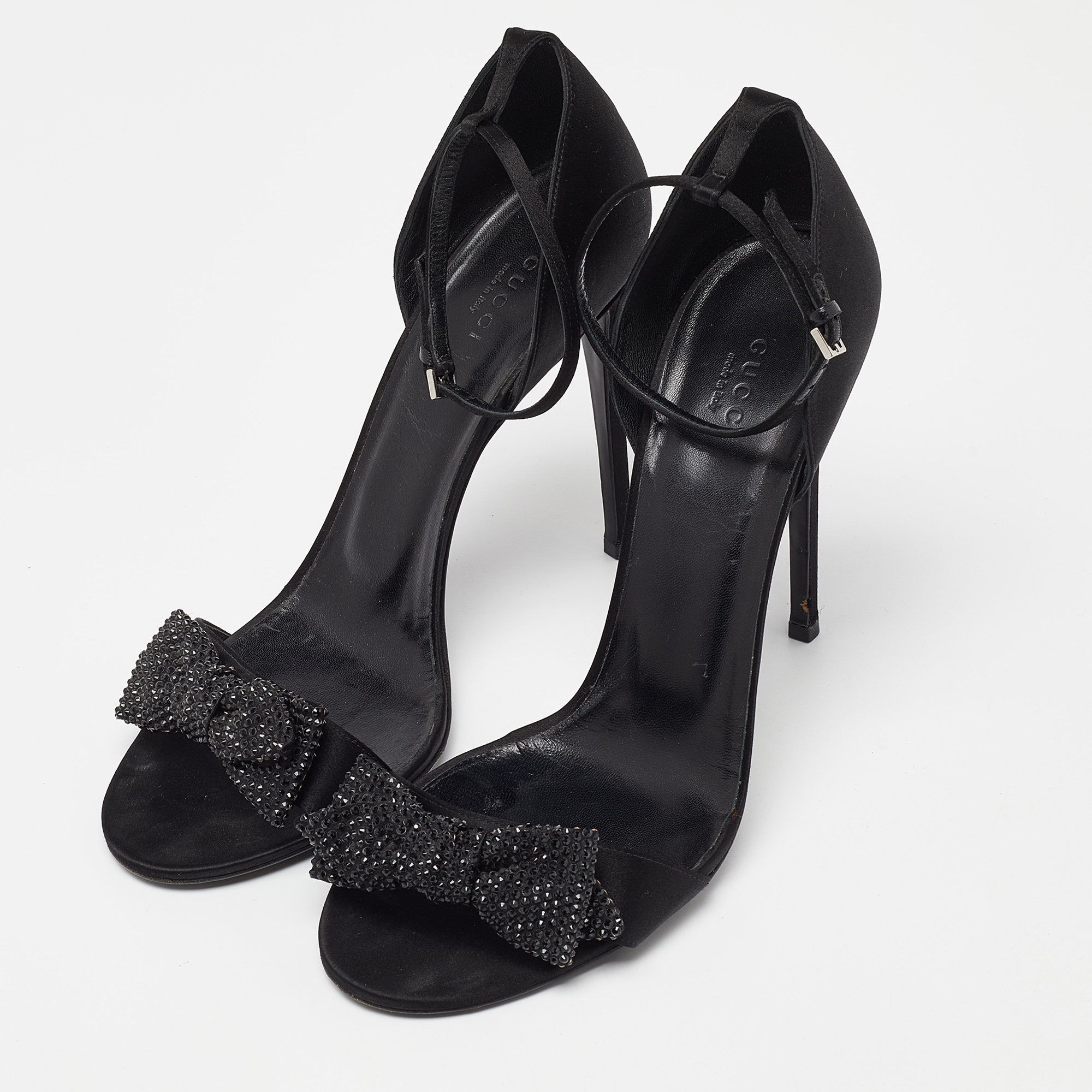 Gucci Black Satin Crystal Embellished Bow Open Toe Ankle Strap Sandals Size 41 