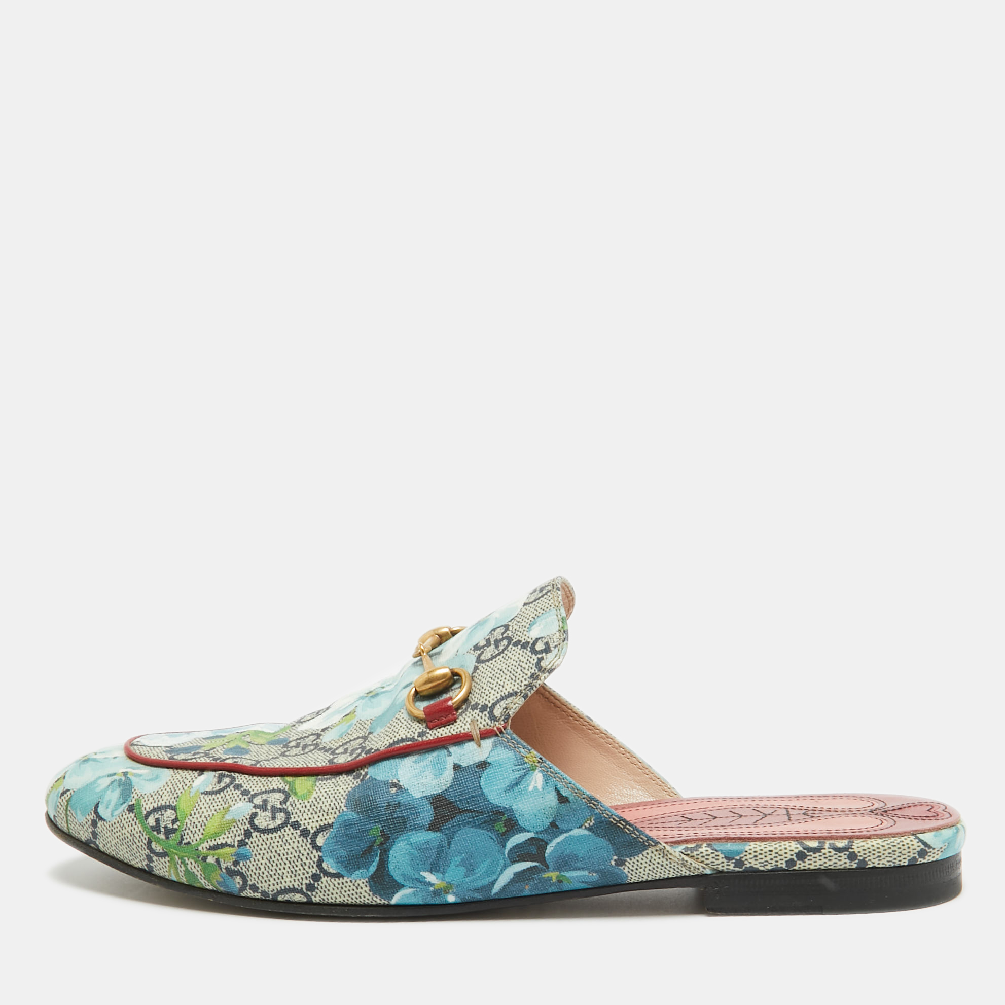 Pre-owned Gucci Grey Canvas Flower Printed Princetown Mules Size 38.5 In Multicolor