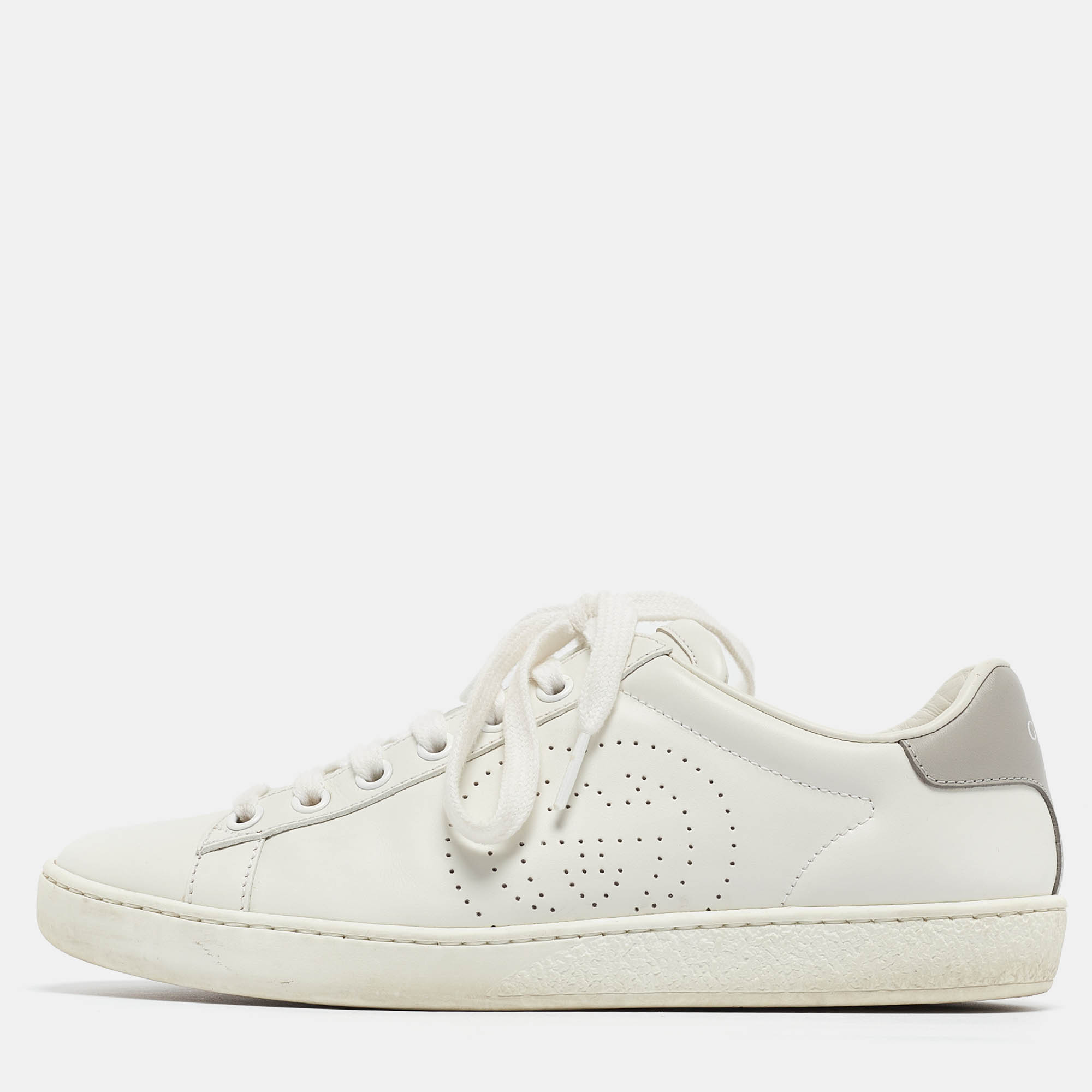 

Gucci White/Grey Leather Interlocking Logo Lace Up Sneakers Size