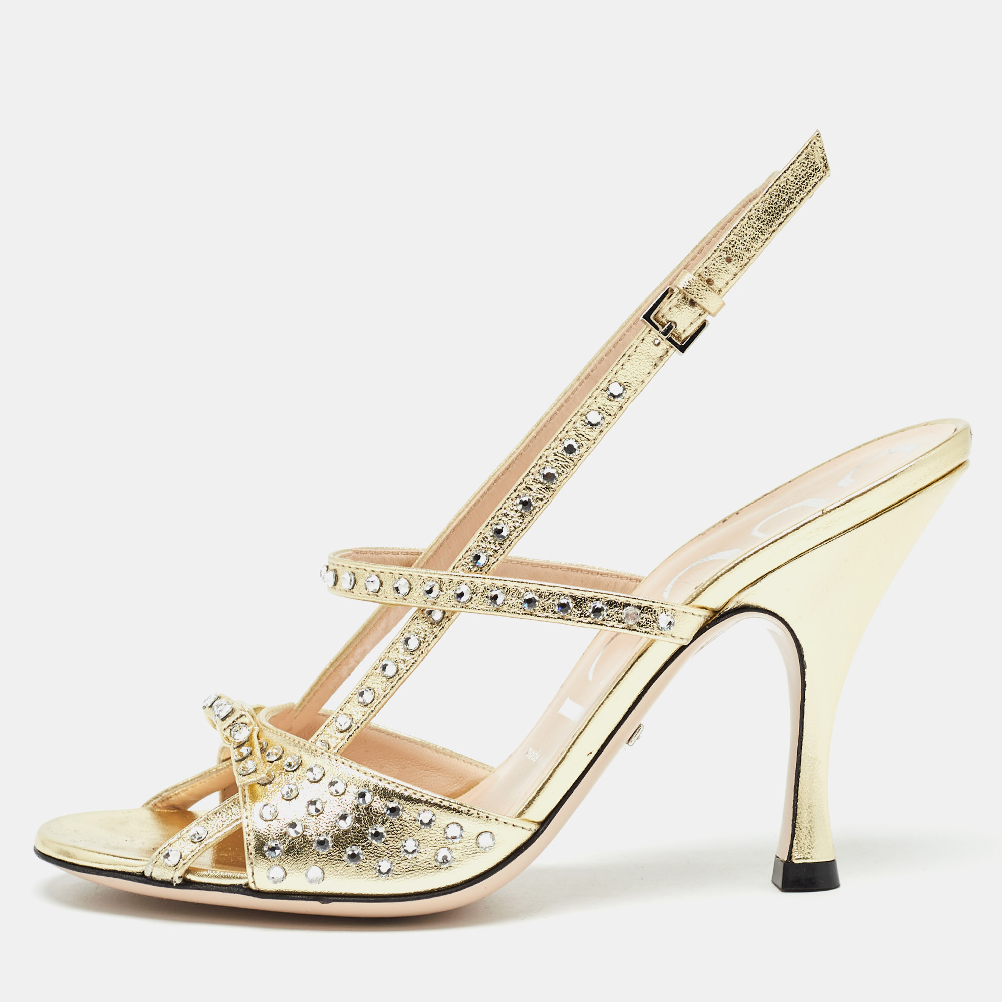 Pre-owned Gucci Gold Leather Crystal Embellished Slingback Sandals Size 36