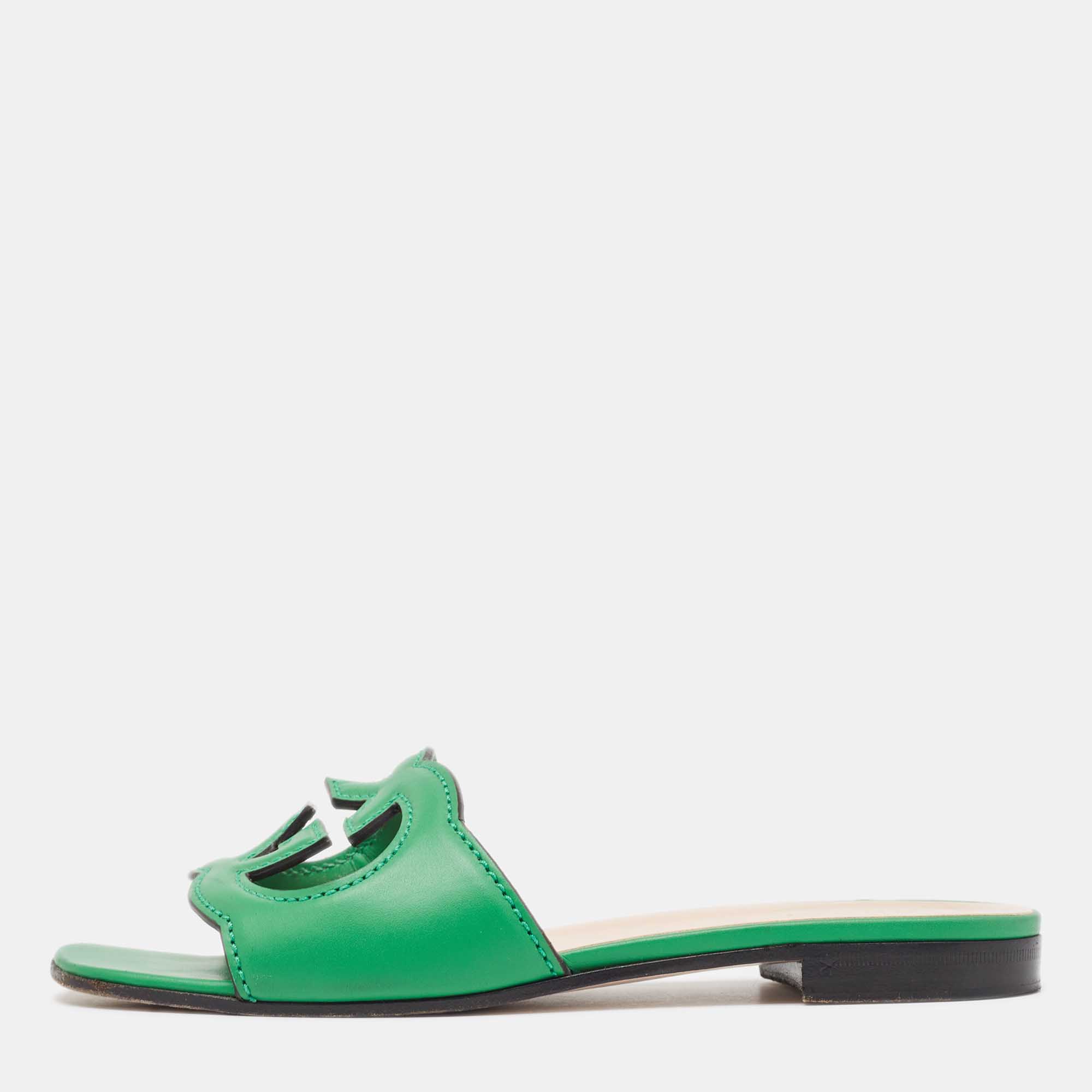 Pre-owned Gucci Green Leather Interlocking G Cut Out Flat Slides Size 35.5