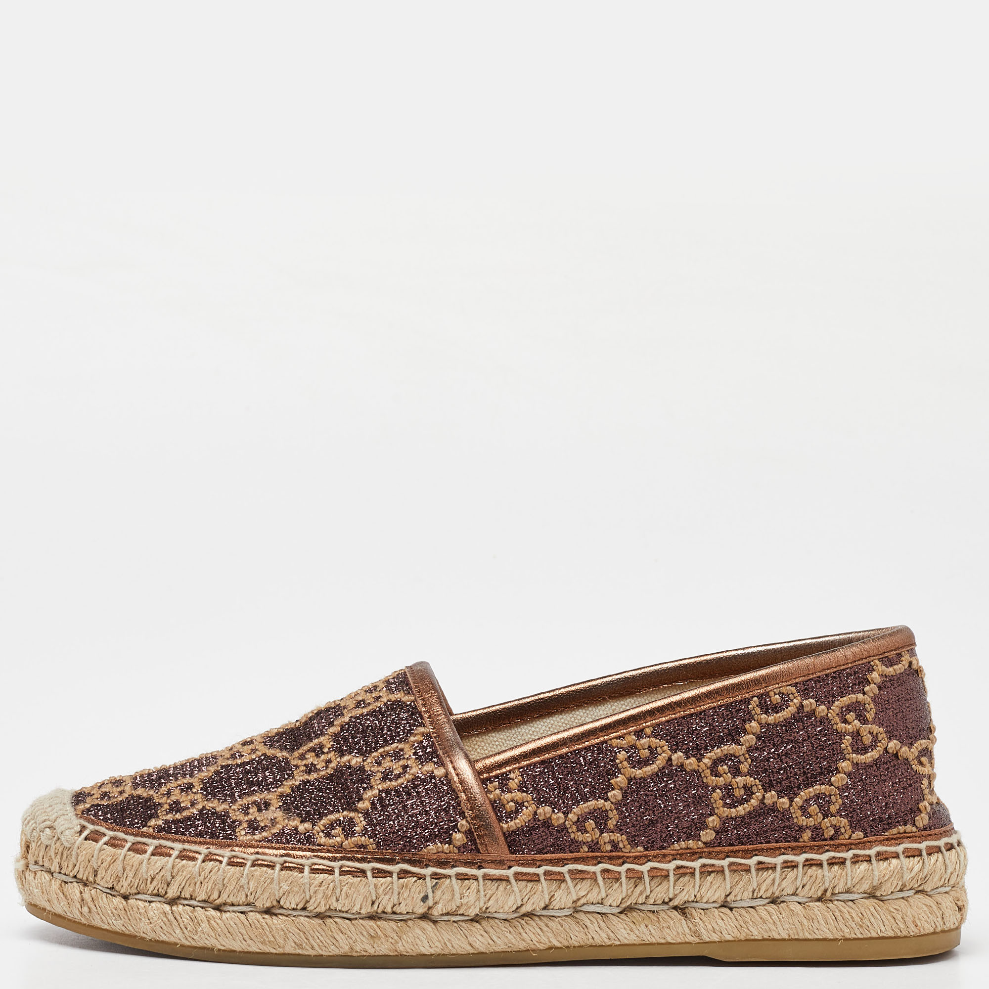 

Gucci Brown GG Glitter Leather Espadrille Flats Size