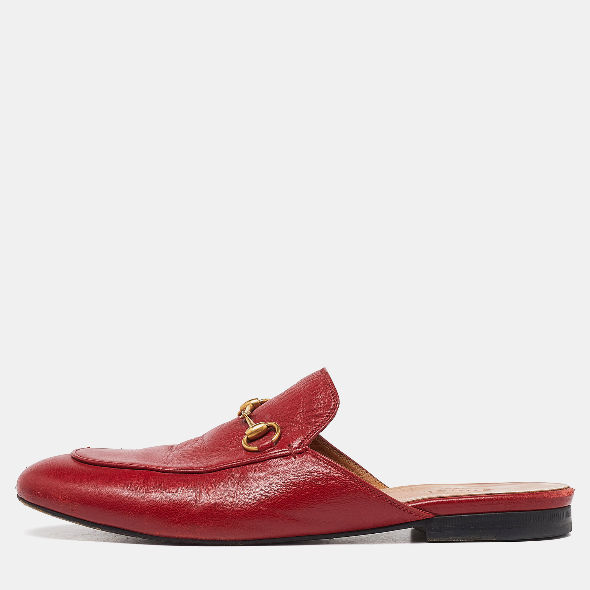 Pre-owned Gucci Red Leather Princetown Horsebit Flat Mules Size 39
