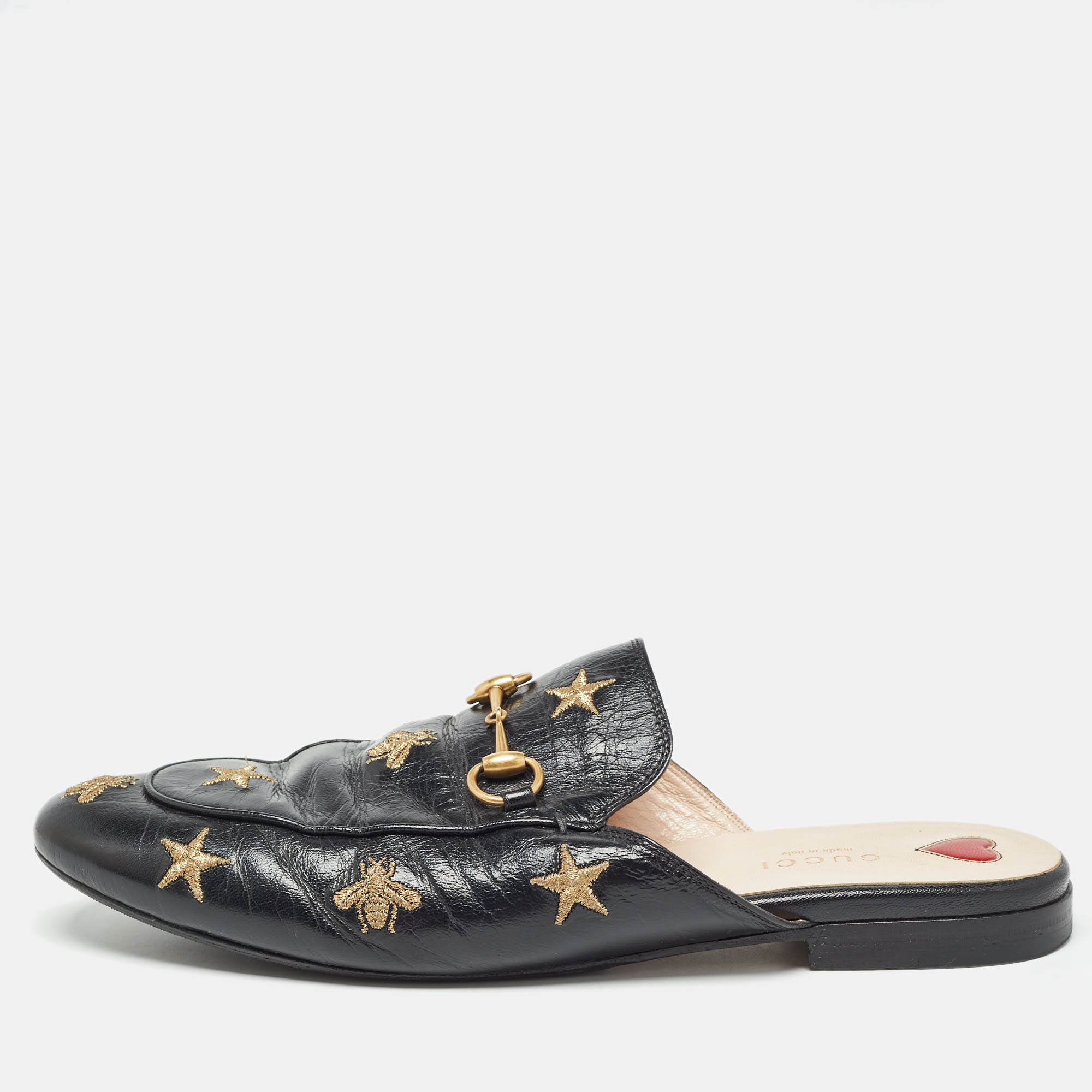 Pre-owned Gucci Black Leather Star And Bee Embroidered Princetown Flat Mules Size 39.5