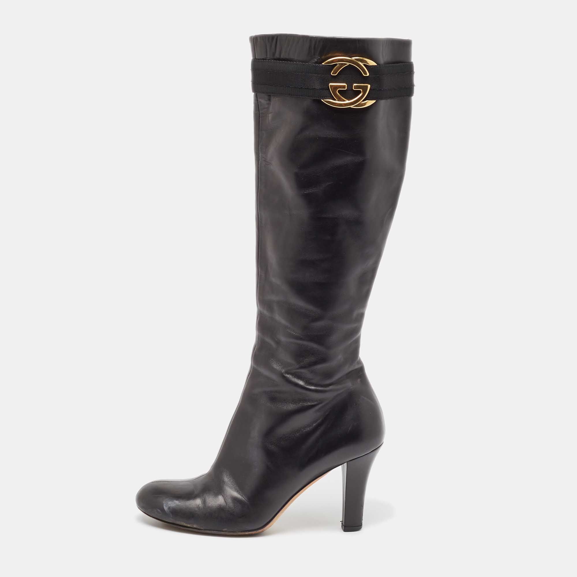 Pre-owned Gucci Black Leather Sukey Knee Length Boots Size 38