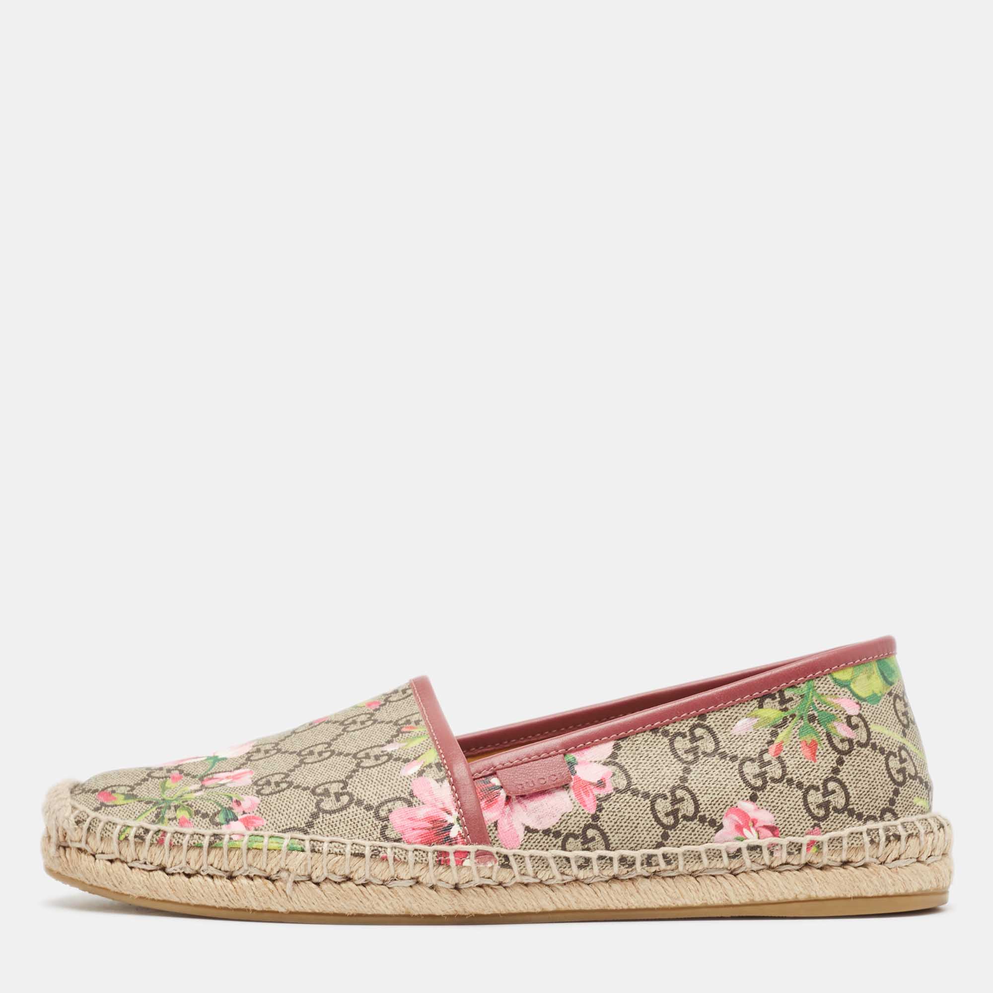 Pre-owned Gucci Beige/brown Gg Blooms Print Supreme Canvas Espadrille Flats Size 42