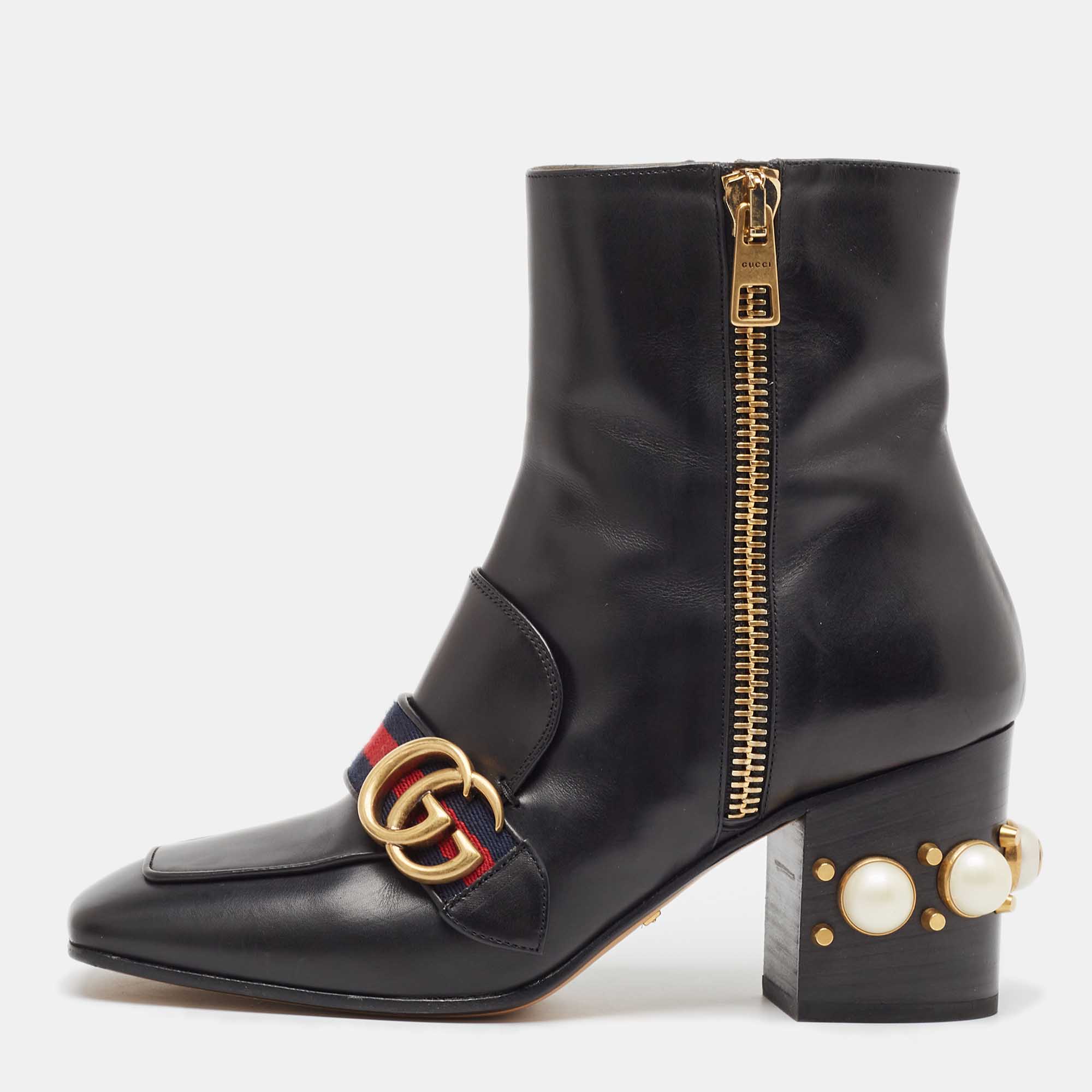 

Gucci Black Leather Logo Pearl Embellished Ankle Boots Size