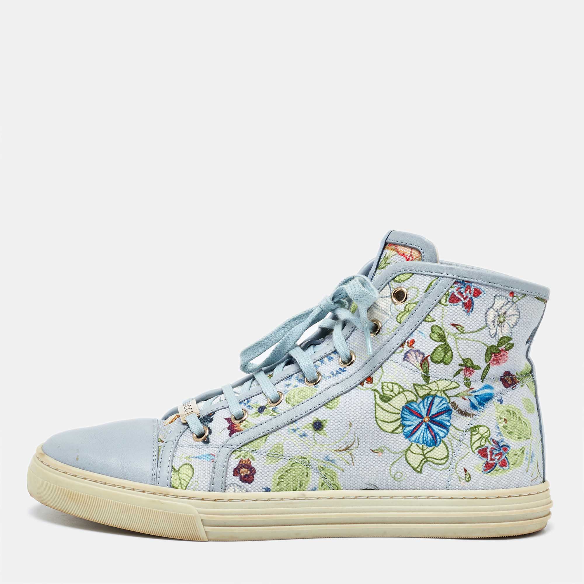 

Gucci Grey Leather and Floral Print Canvas High Top Sneakers Size