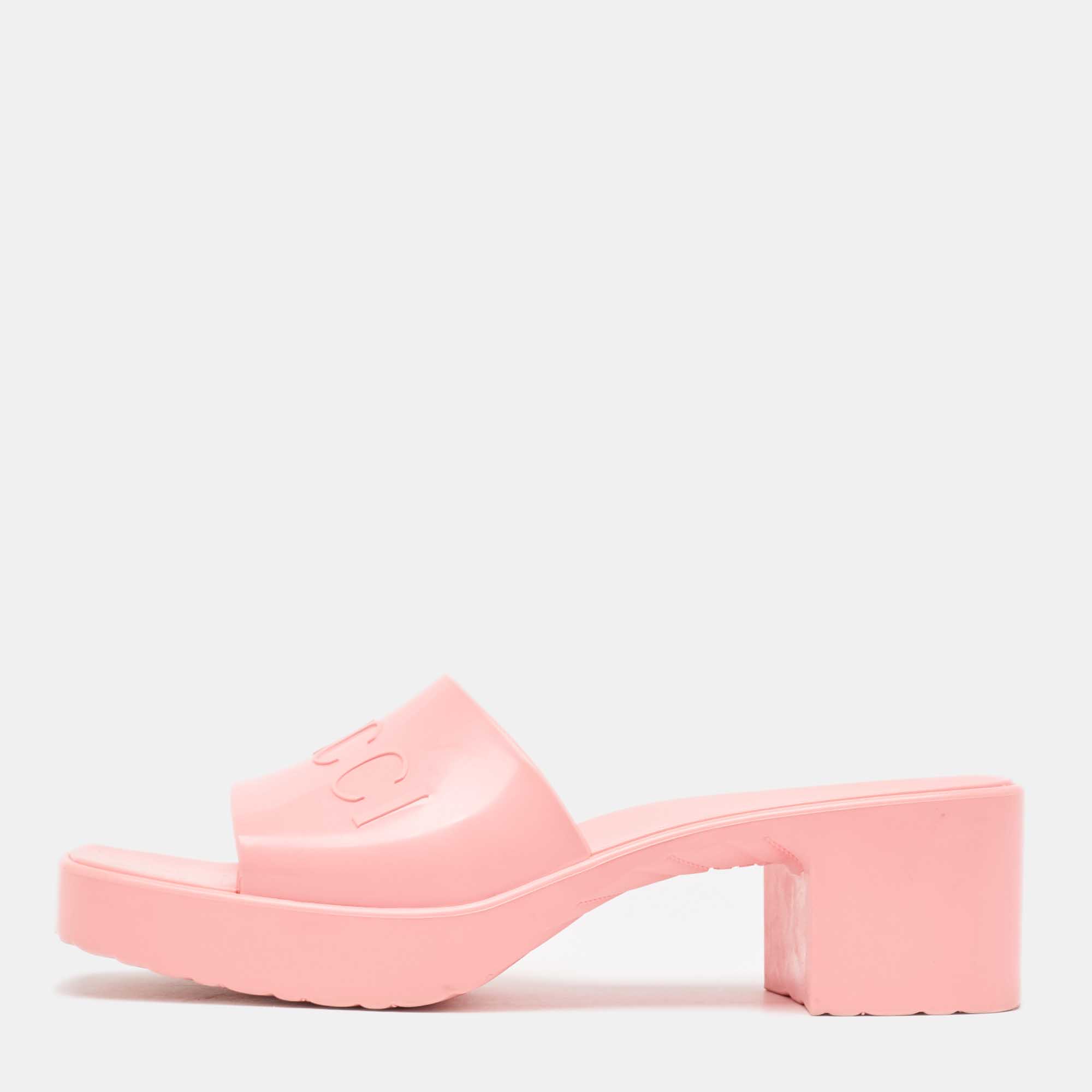 Pre-owned Gucci Pink Rubber Logo Platform Slide Sandals Size 39