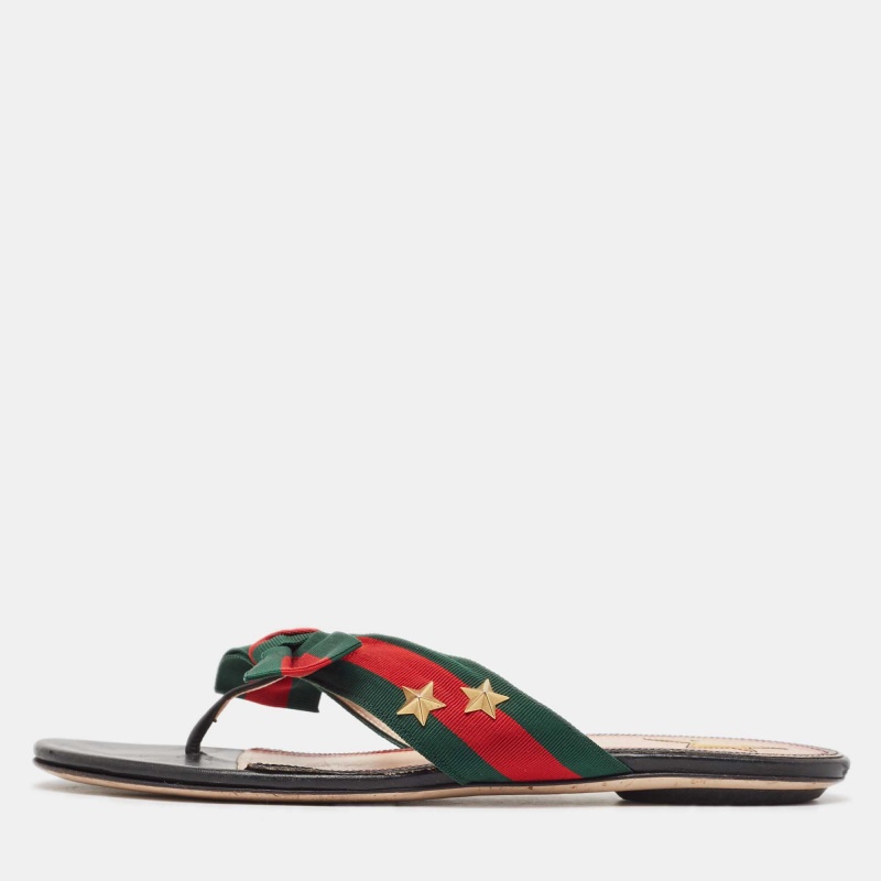 Pre-owned Gucci Red/green Web Canvas Star Bow Flat Slides Size 37.5